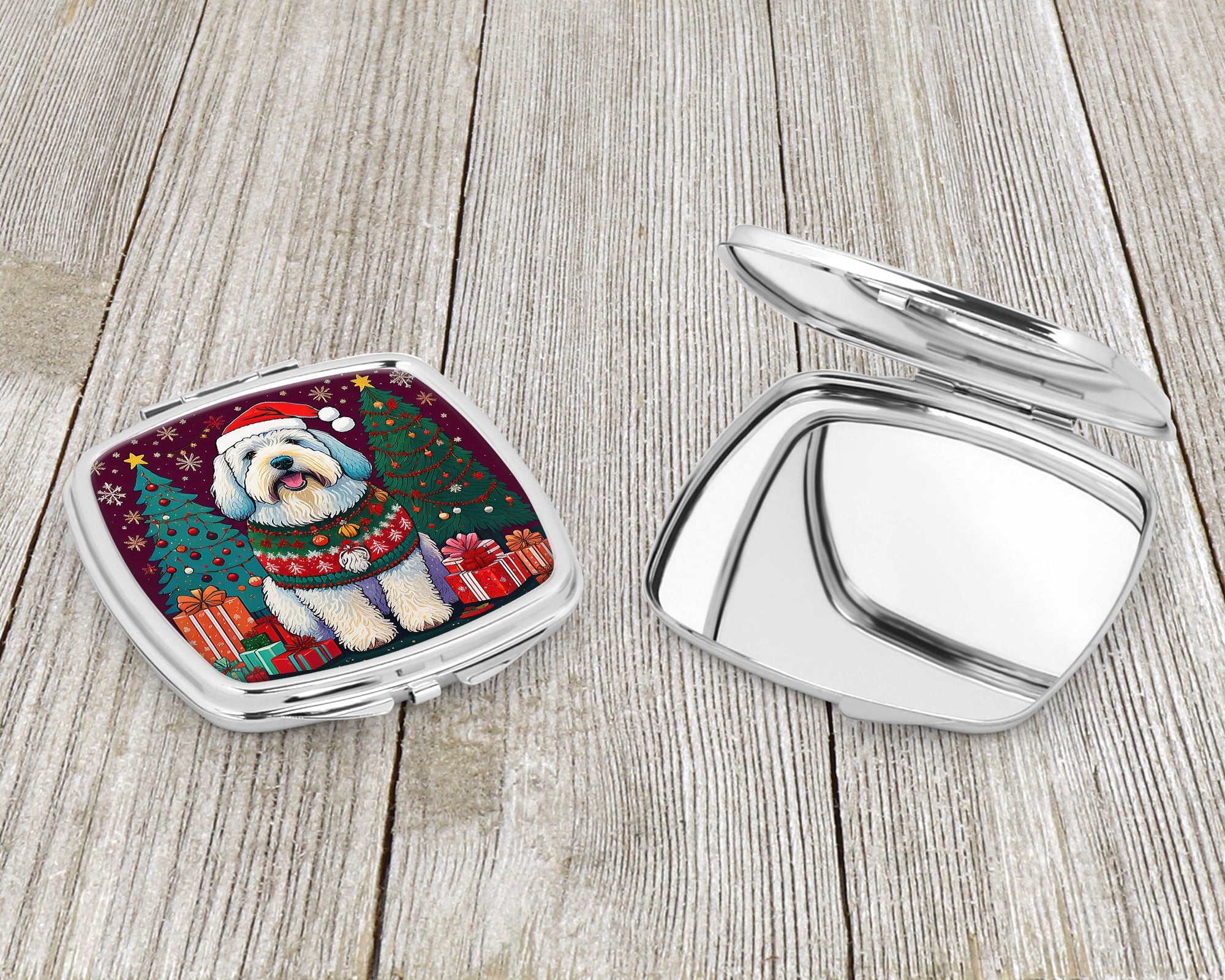 Old English Sheepdog Christmas Compact Mirror Decorative Travel Makeup Mirror for Women Girls Gifts Pocket Makeup Mirror Folding Handheld