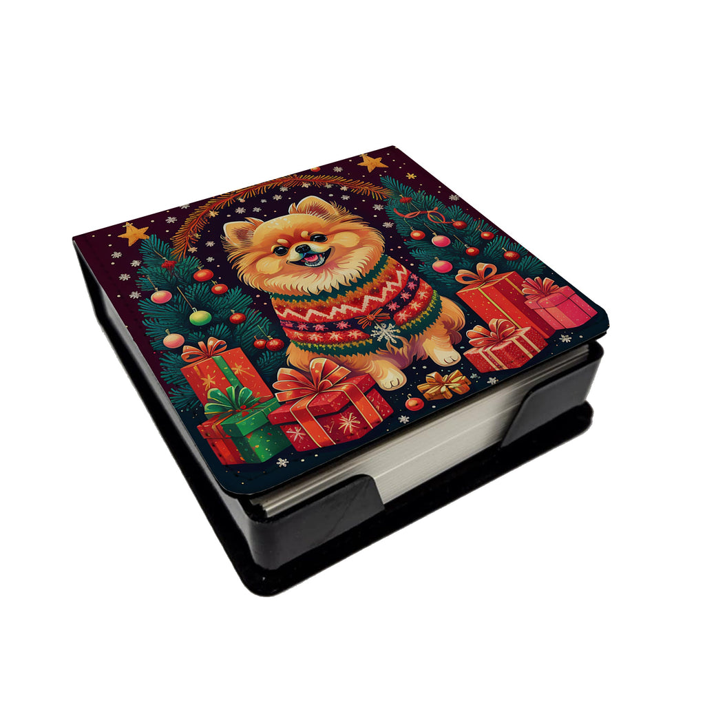 Pomeranian Christmas PU Leather Note Paper Holder with Artist-Designed Cover, Desk Accessory, Office Gift