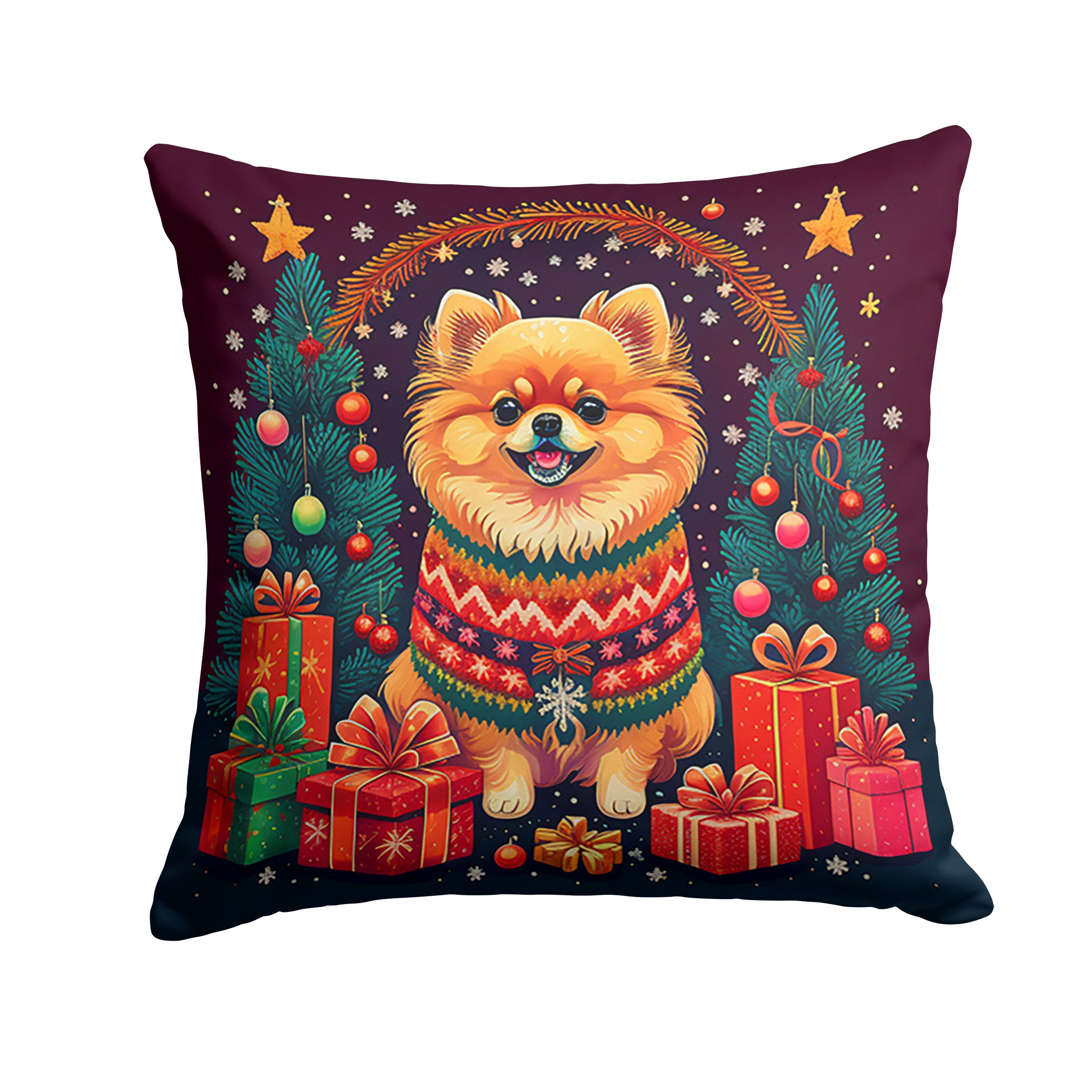Pomeranian Christmas Decorative Throw Pillow 14x14 Indoor Outdoor Accent Cushion, Fabric Cover with Insert for Sofa, Bed, Porch & Living Room
