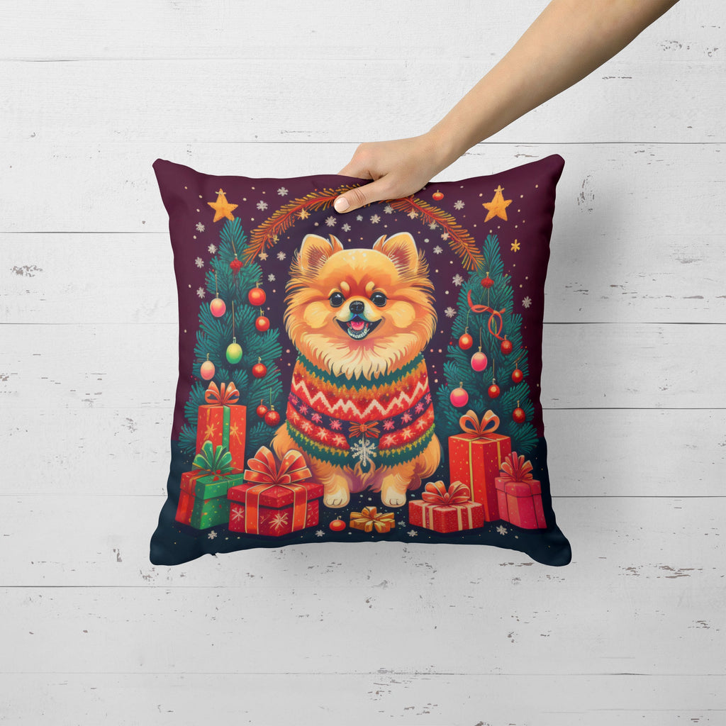 Pomeranian Christmas Decorative Throw Pillow 14x14 Indoor Outdoor Accent Cushion, Fabric Cover with Insert for Sofa, Bed, Porch & Living Room