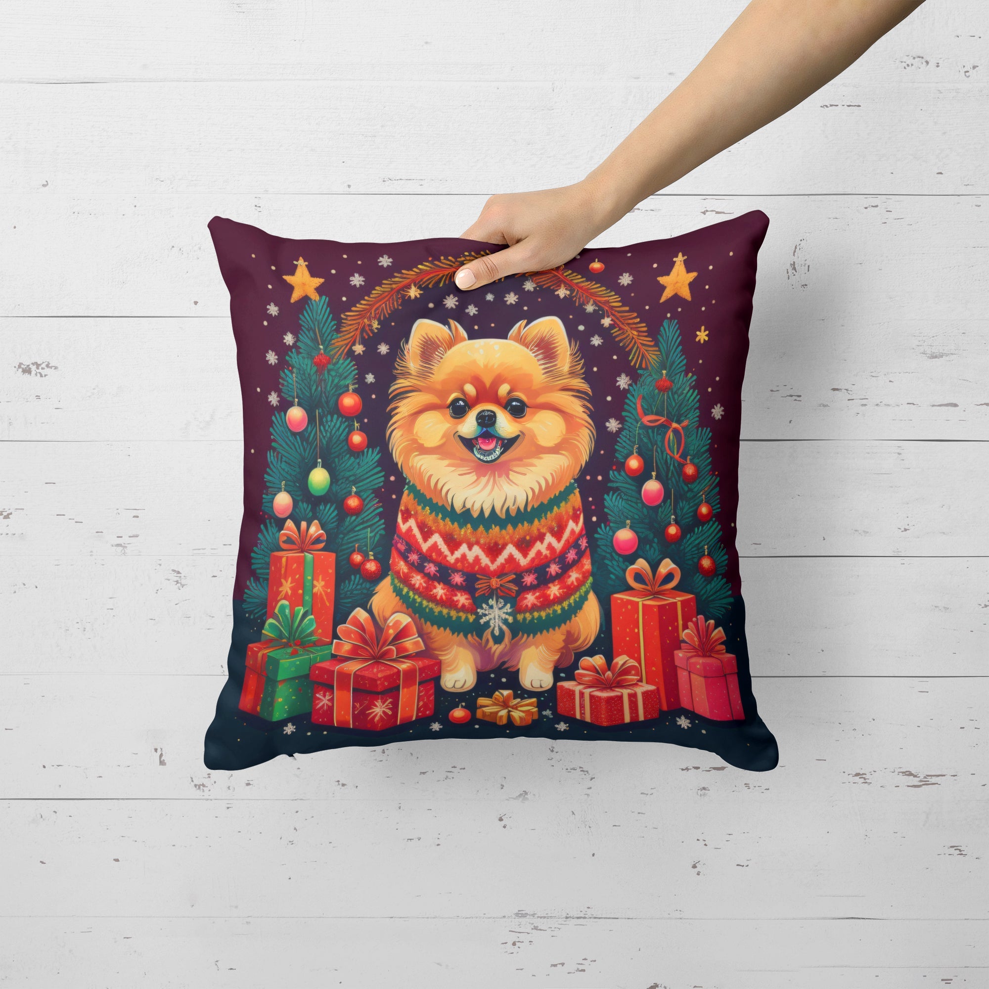 Pomeranian Christmas Decorative Throw Pillow 14x14 Indoor Outdoor Accent Cushion, Fabric Cover with Insert for Sofa, Bed, Porch & Living Room