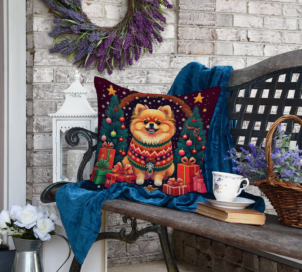 Pomeranian Christmas Decorative Throw Pillow 18x18 Indoor Outdoor Accent Cushion, Fabric Cover with Insert for Sofa, Bed, Porch & Living Room