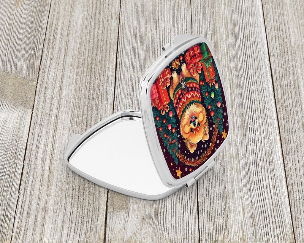 Pomeranian Christmas Compact Mirror Decorative Travel Makeup Mirror for Women Girls Gifts Pocket Makeup Mirror Folding Handheld