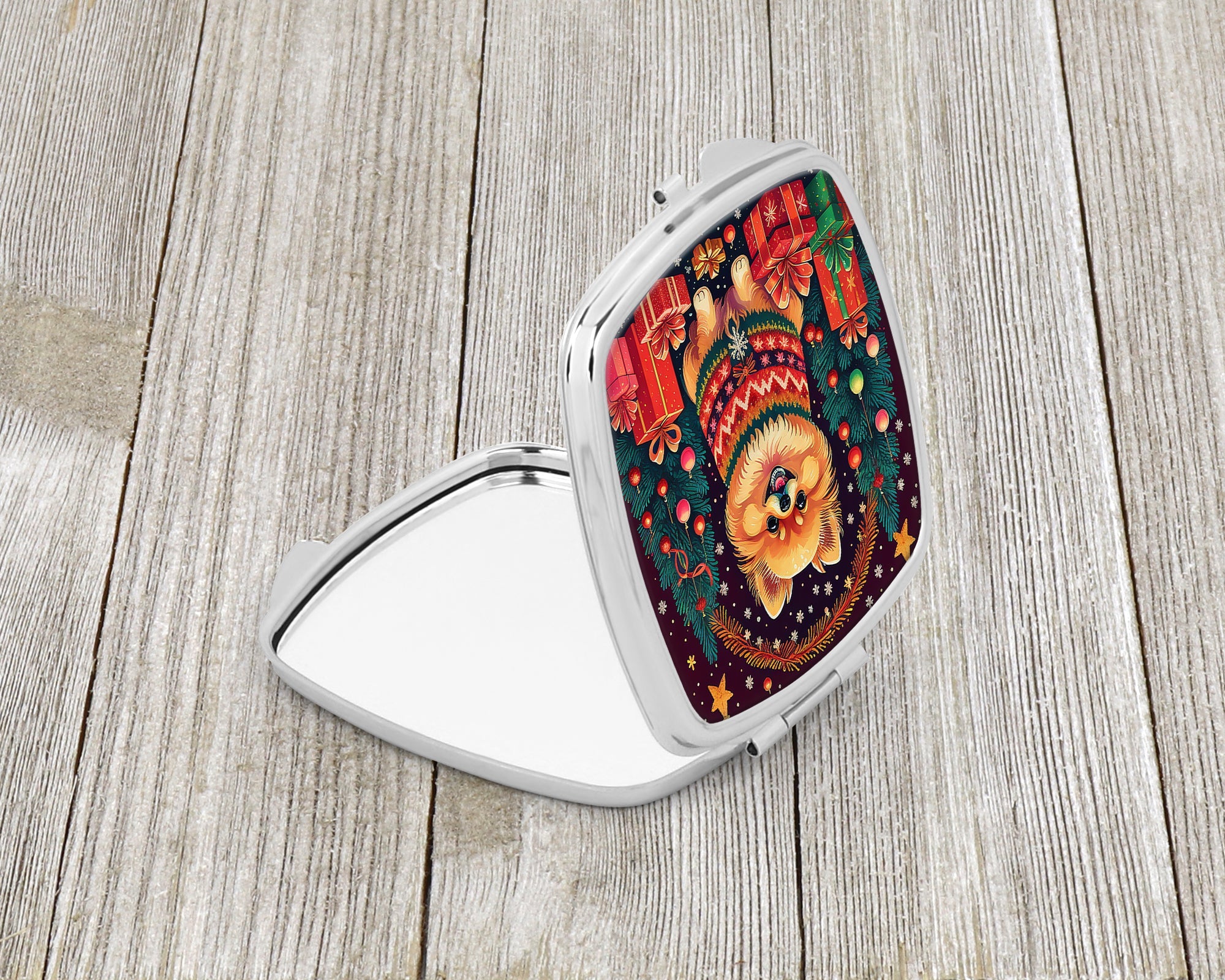 Pomeranian Christmas Compact Mirror Decorative Travel Makeup Mirror for Women Girls Gifts Pocket Makeup Mirror Folding Handheld