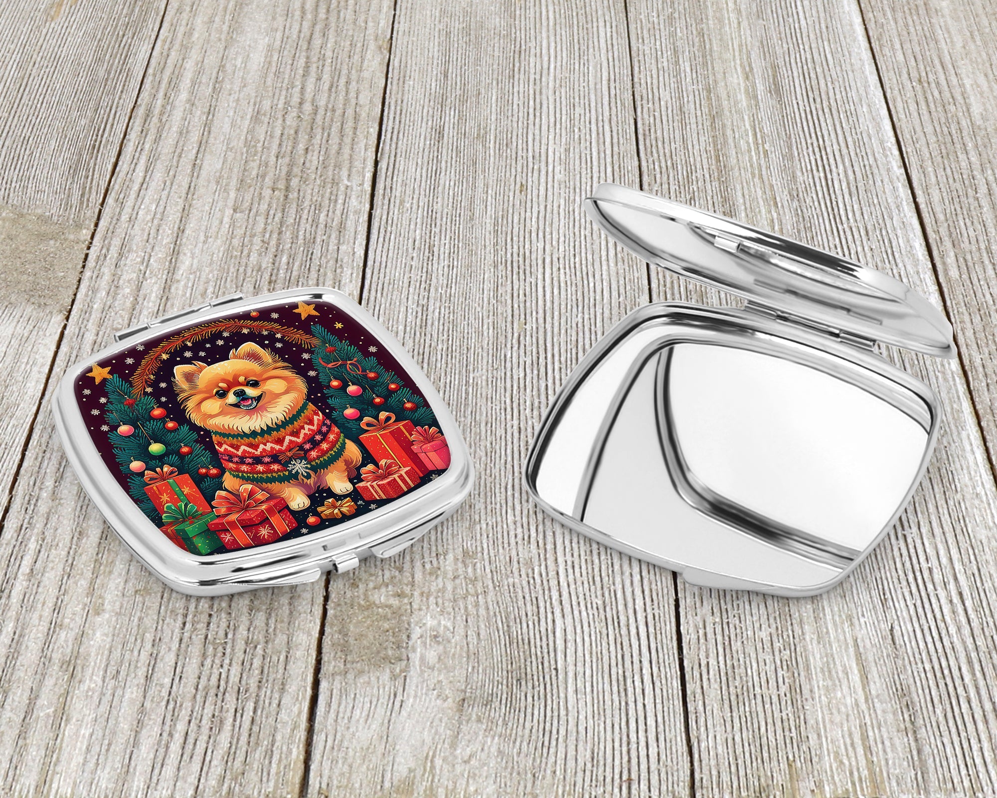 Pomeranian Christmas Compact Mirror Decorative Travel Makeup Mirror for Women Girls Gifts Pocket Makeup Mirror Folding Handheld