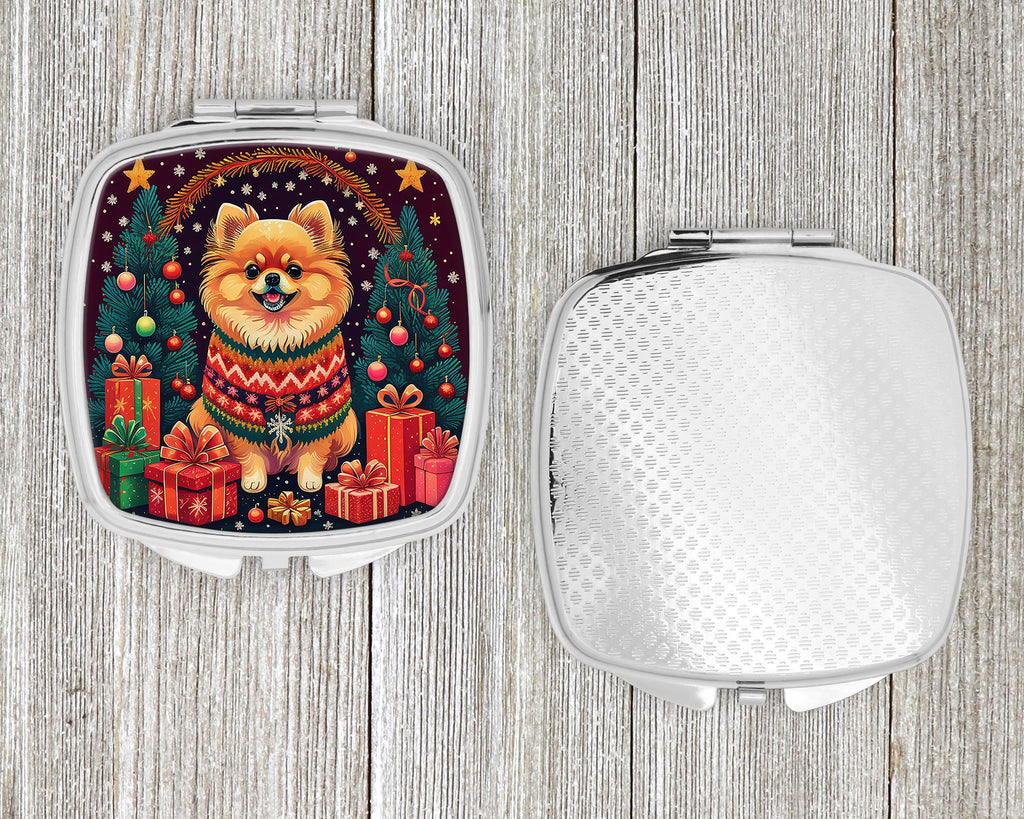 Pomeranian Christmas Compact Mirror Decorative Travel Makeup Mirror for Women Girls Gifts Pocket Makeup Mirror Folding Handheld