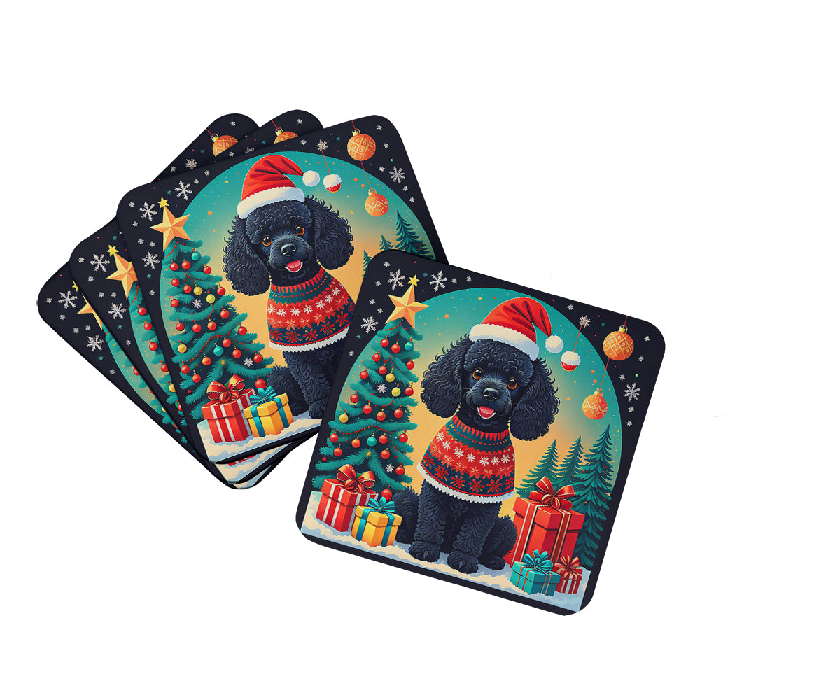 Black Toy Poodle Christmas Foam Coasters Set of 4 Cup Coasters for Indoor Outdoor, Tabletop Protection, Anti Slip, Mouse pad Material