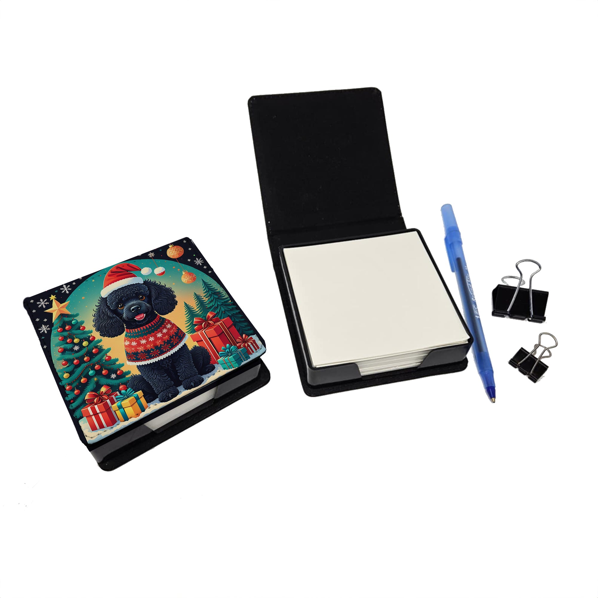 Black Toy Poodle Christmas PU Leather Note Paper Holder with Artist-Designed Cover, Desk Accessory, Office Gift