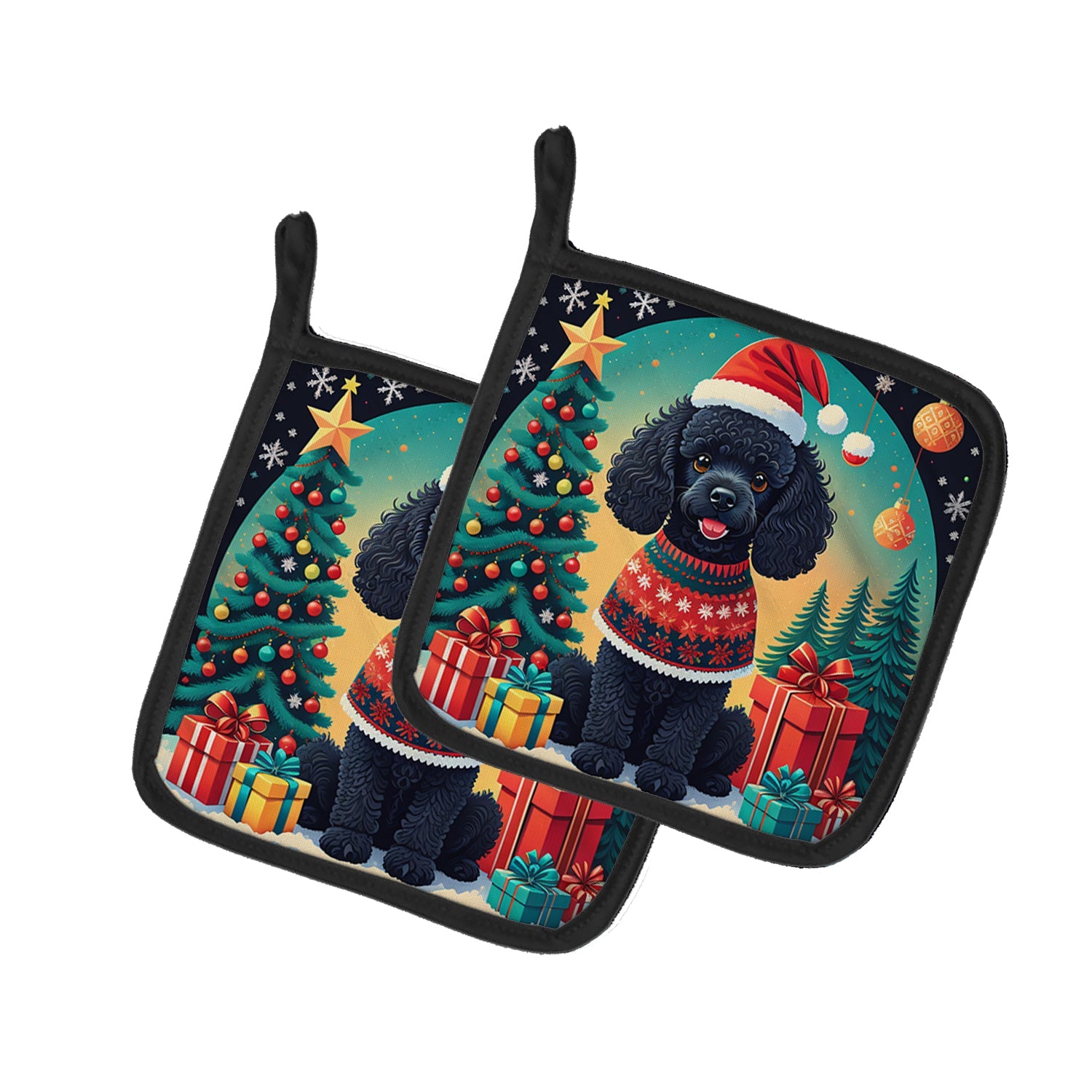 Black Toy Poodle Christmas Pot Holder Set of 2 Heat Resistant Quilted Hot Pads 7.5 x 7.5 Inch, Insulated Kitchen Trivets for Cooking & Baking