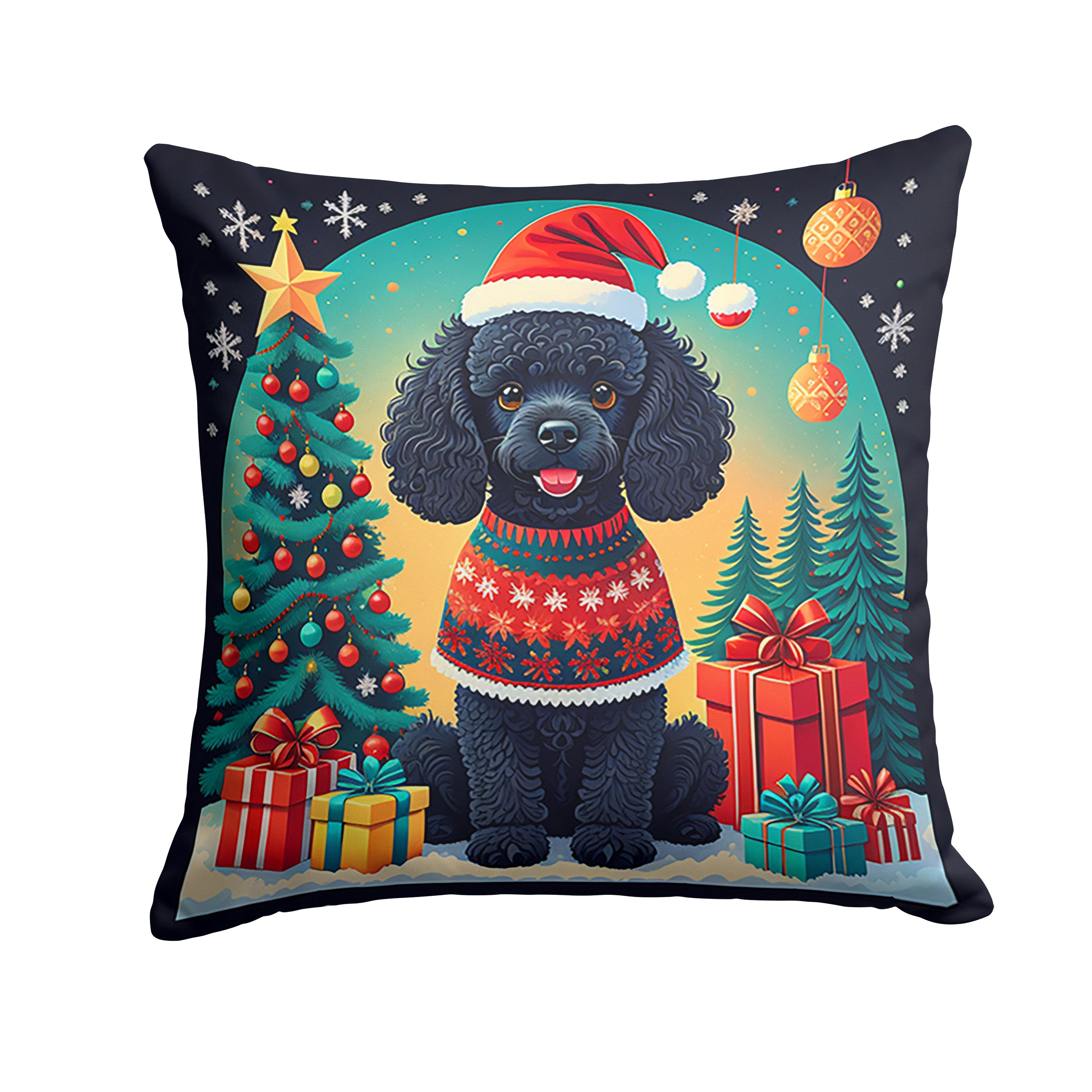 Black Toy Poodle Christmas Decorative Throw Pillow 14x14 Indoor Outdoor Accent Cushion, Fabric Cover with Insert for Sofa, Bed, Porch & Living Room