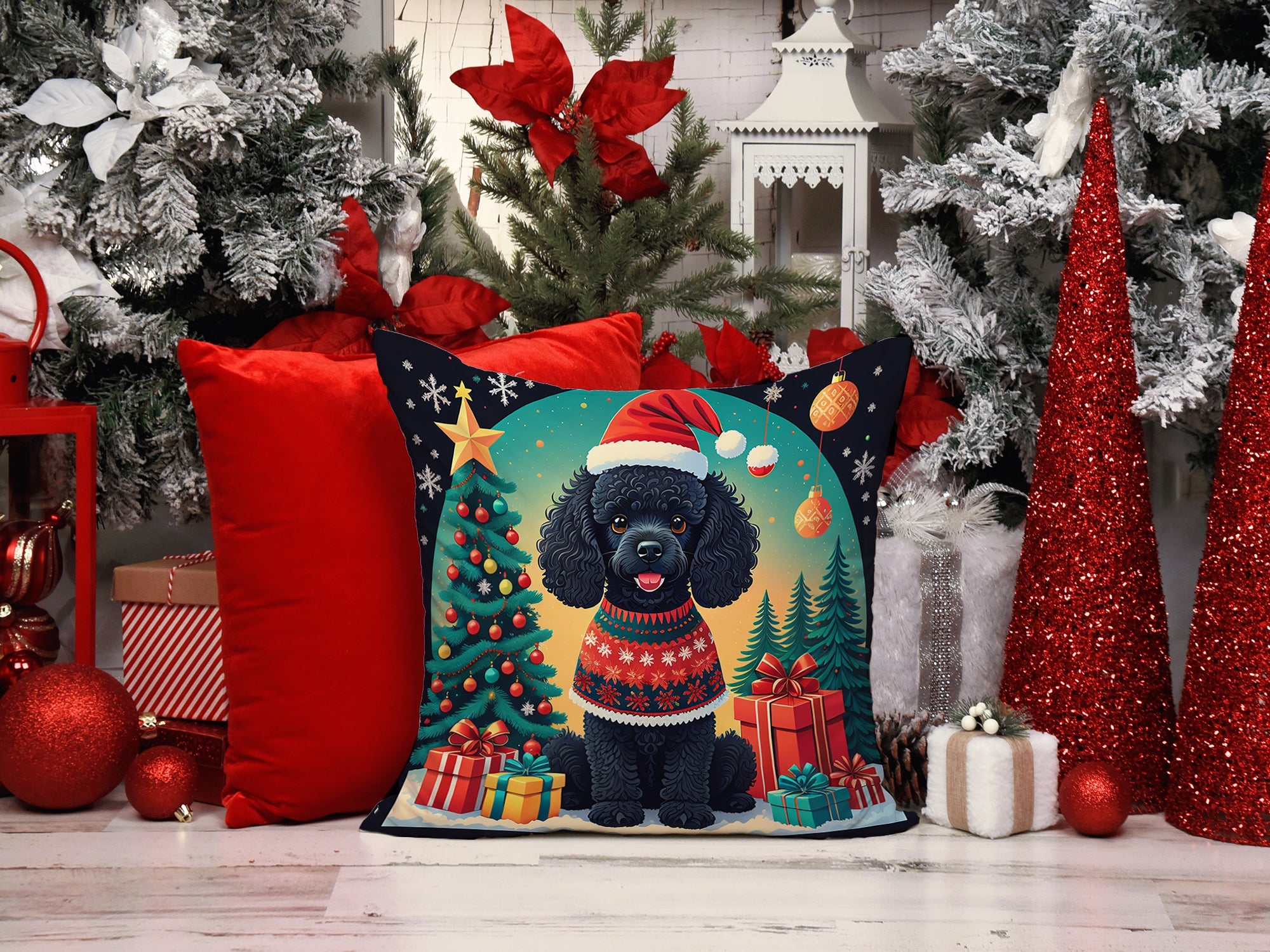 Black Toy Poodle Christmas Decorative Throw Pillow 14x14 Indoor Outdoor Accent Cushion, Fabric Cover with Insert for Sofa, Bed, Porch & Living Room