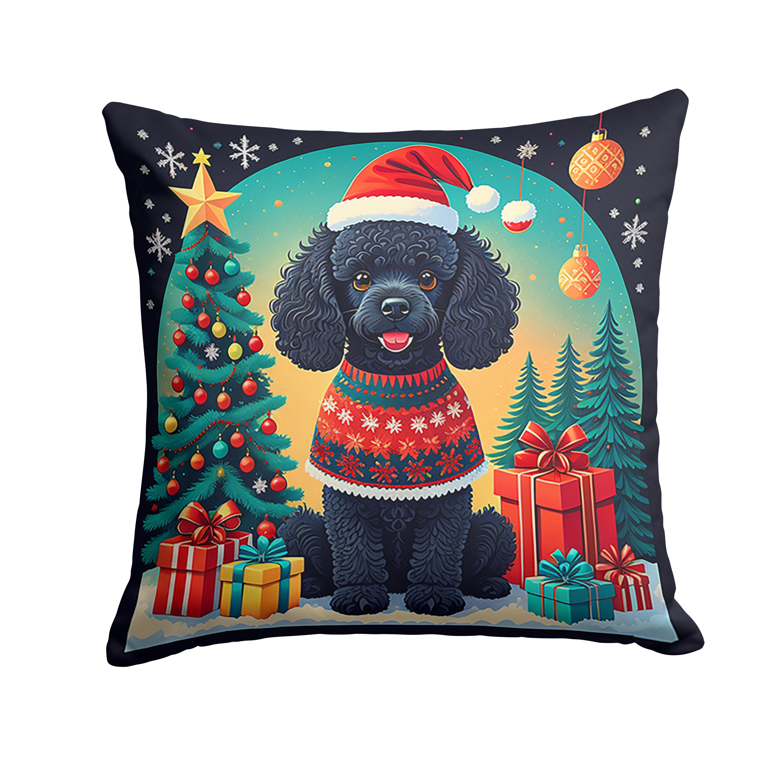 Black Toy Poodle Christmas Decorative Throw Pillow 18x18 Indoor Outdoor Accent Cushion, Fabric Cover with Insert for Sofa, Bed, Porch & Living Room
