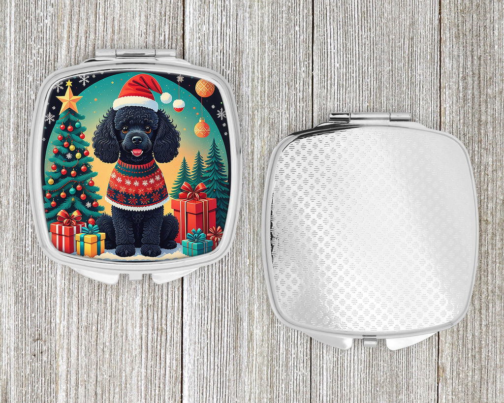 Black Toy Poodle Christmas Compact Mirror Decorative Travel Makeup Mirror for Women Girls Gifts Pocket Makeup Mirror Folding Handheld