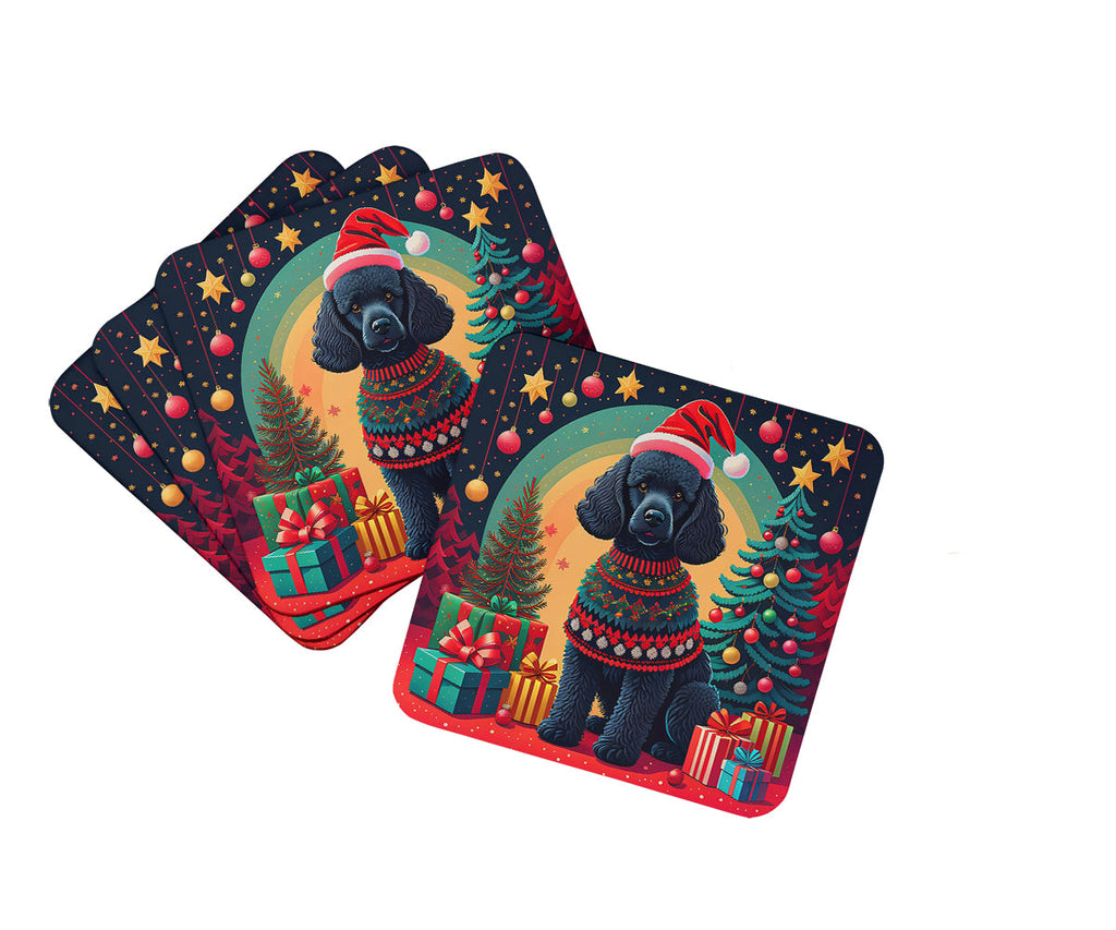Black  Poodle Christmas Foam Coasters Set of 4 Cup Coasters for Indoor Outdoor, Tabletop Protection, Anti Slip, Mouse pad Material