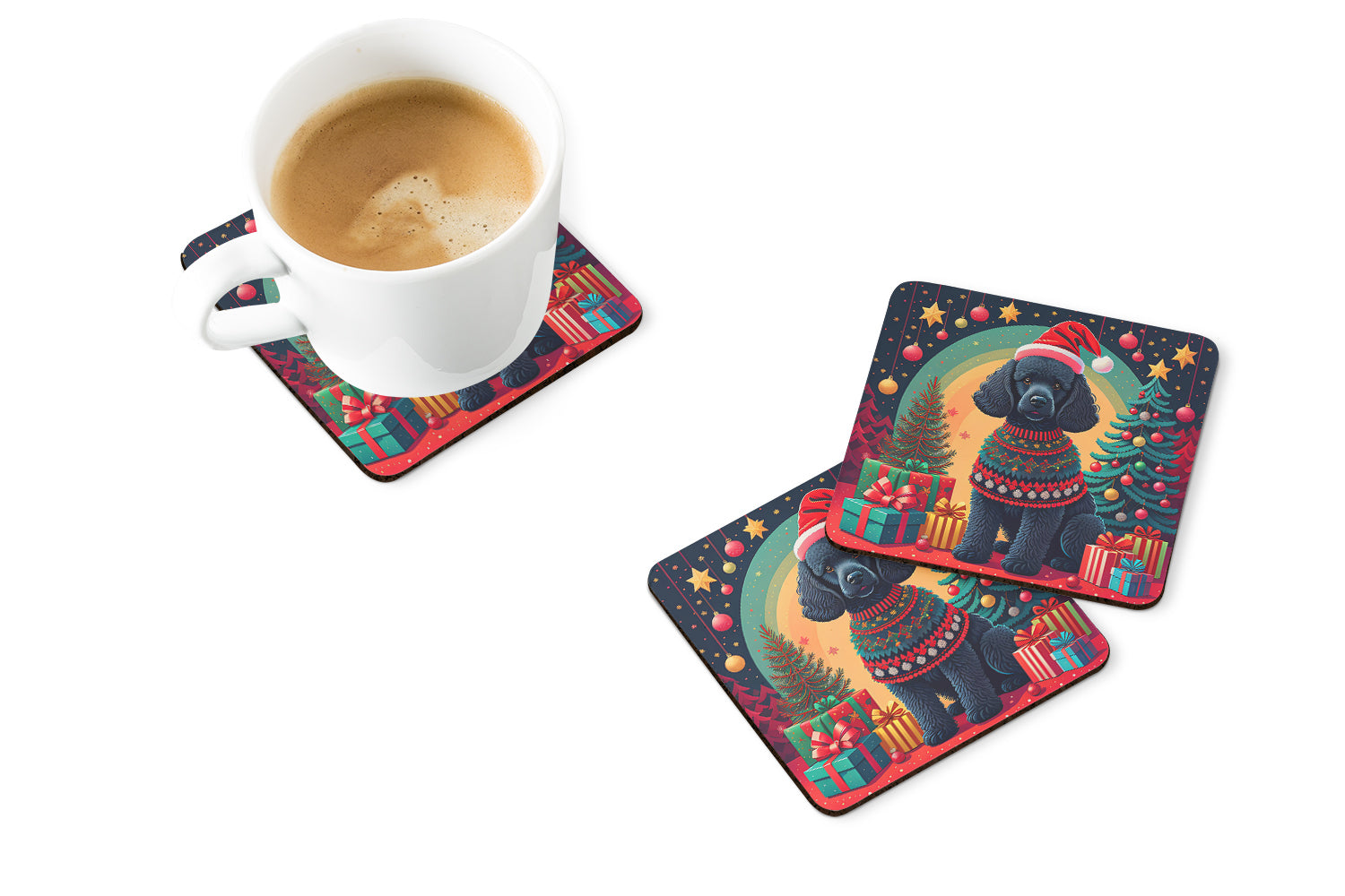 Black  Poodle Christmas Foam Coasters Set of 4 Cup Coasters for Indoor Outdoor, Tabletop Protection, Anti Slip, Mouse pad Material