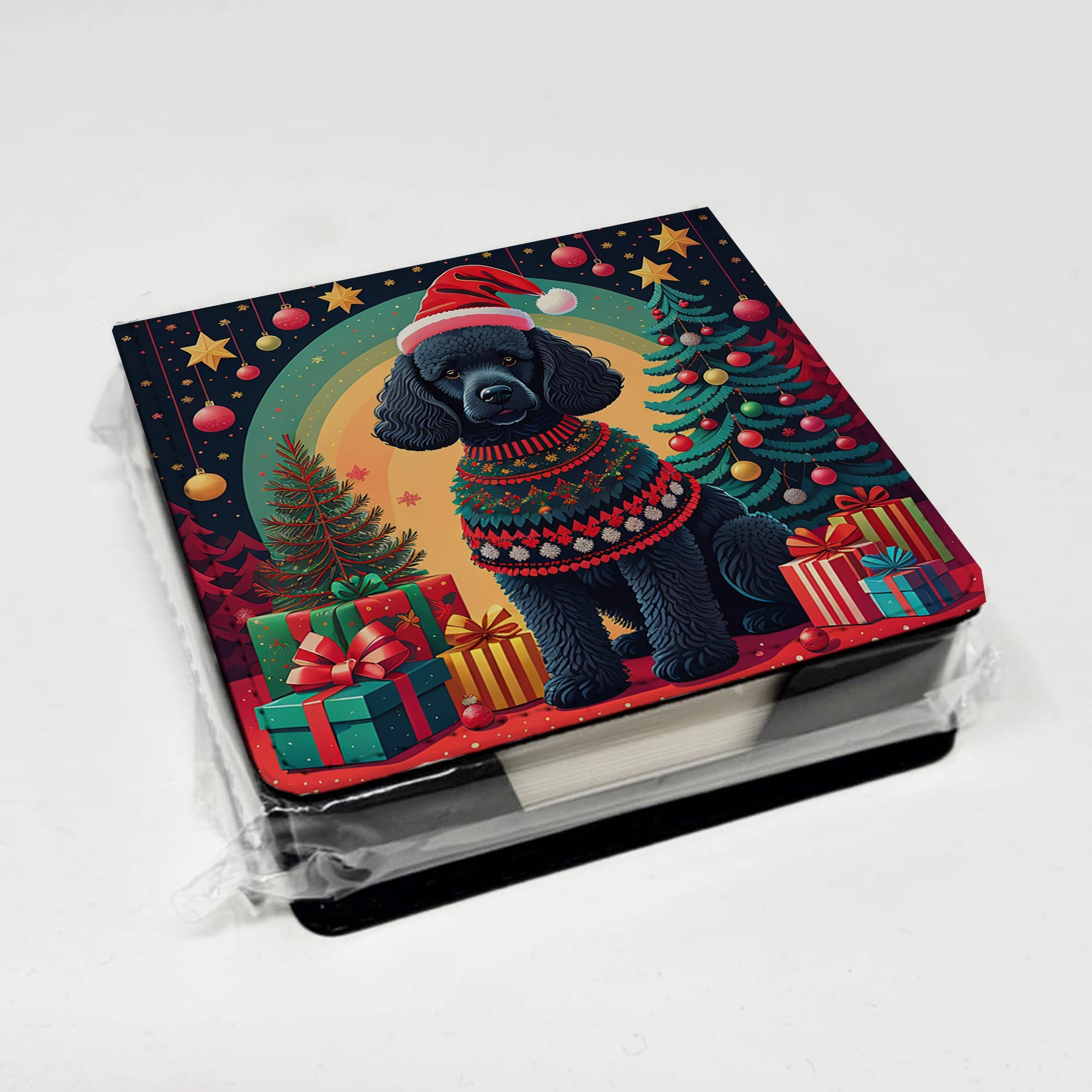 Black  Poodle Christmas PU Leather Note Paper Holder with Artist-Designed Cover, Desk Accessory, Office Gift