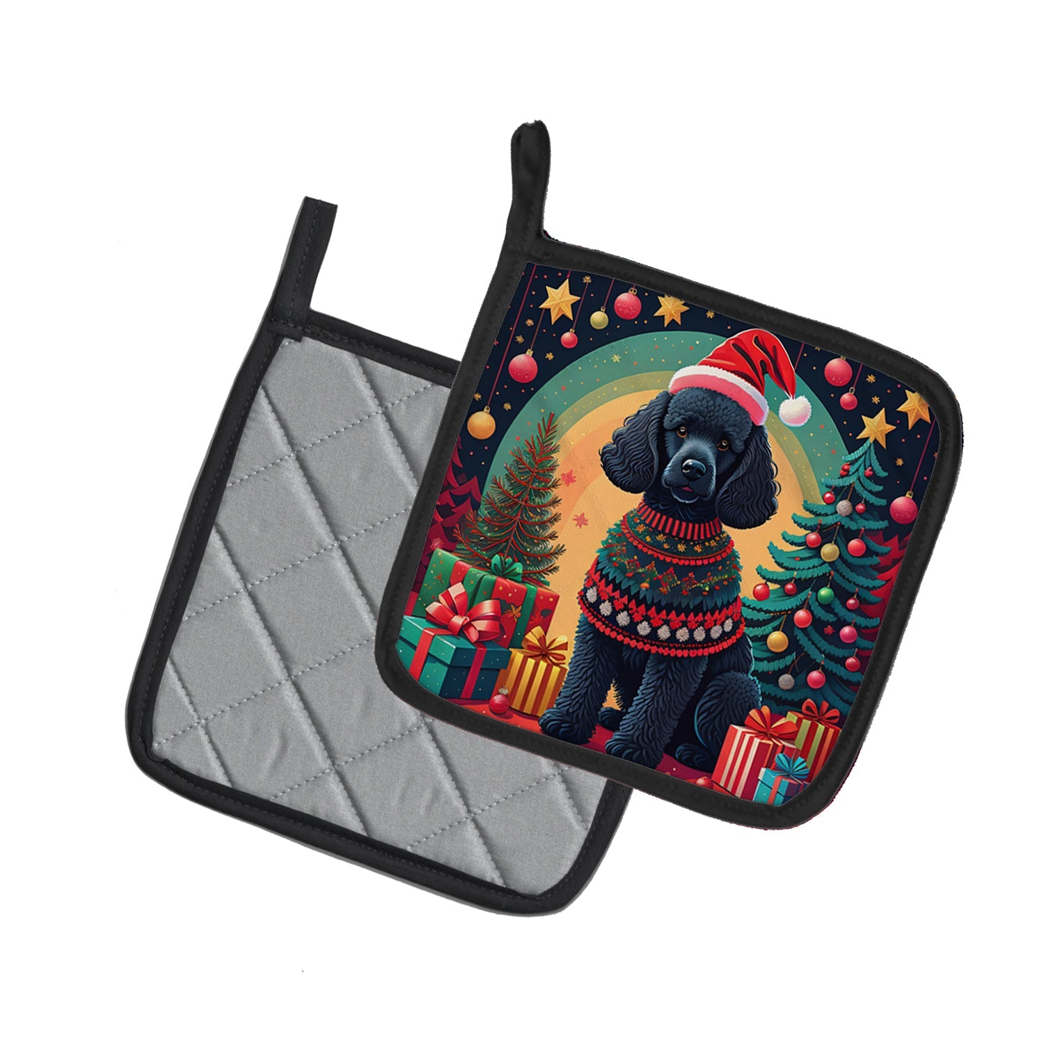 Black  Poodle Christmas Pot Holder Set of 2 Heat Resistant Quilted Hot Pads 7.5 x 7.5 Inch, Insulated Kitchen Trivets for Cooking & Baking