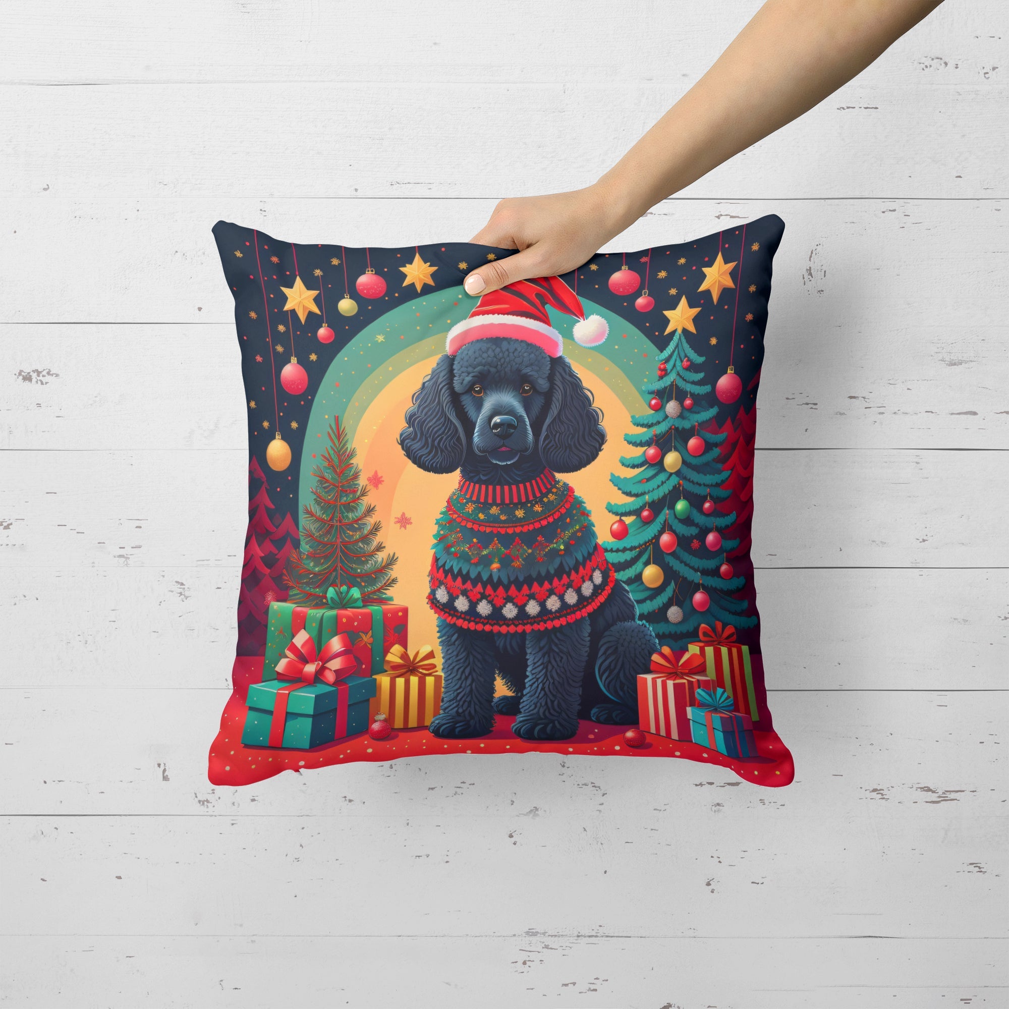 Black  Poodle Christmas Decorative Throw Pillow 14x14 Indoor Outdoor Accent Cushion, Fabric Cover with Insert for Sofa, Bed, Porch & Living Room