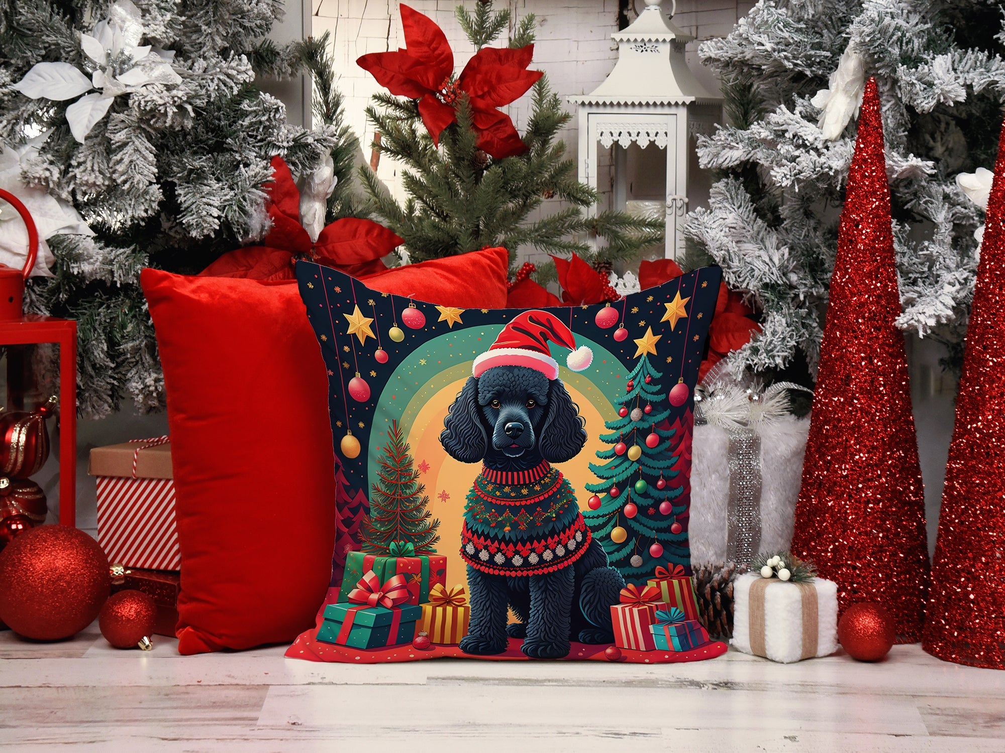 Black  Poodle Christmas Decorative Throw Pillow 14x14 Indoor Outdoor Accent Cushion, Fabric Cover with Insert for Sofa, Bed, Porch & Living Room