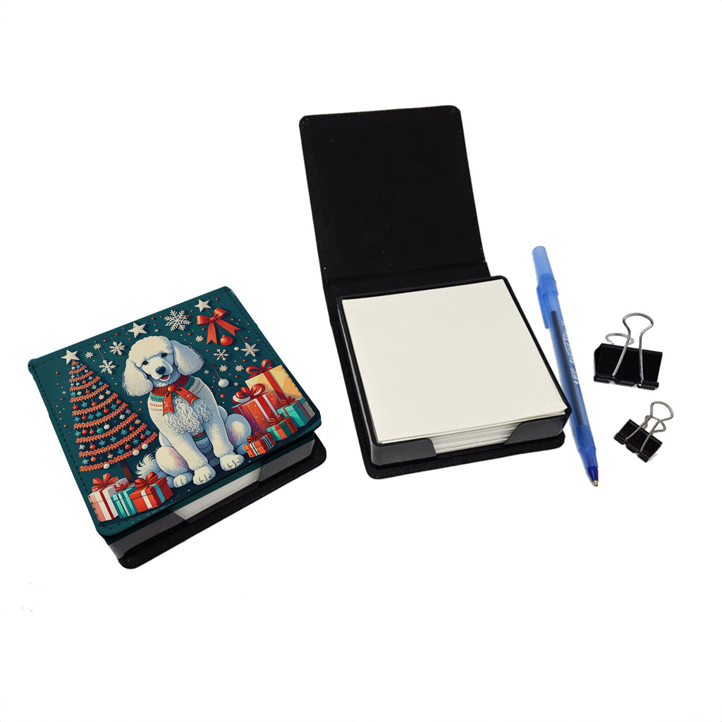 White Poodle Christmas PU Leather Note Paper Holder with Artist-Designed Cover, Desk Accessory, Office Gift