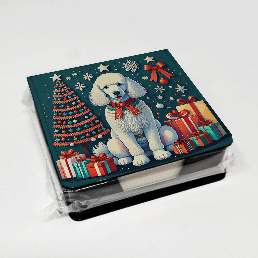 White Poodle Christmas PU Leather Note Paper Holder with Artist-Designed Cover, Desk Accessory, Office Gift