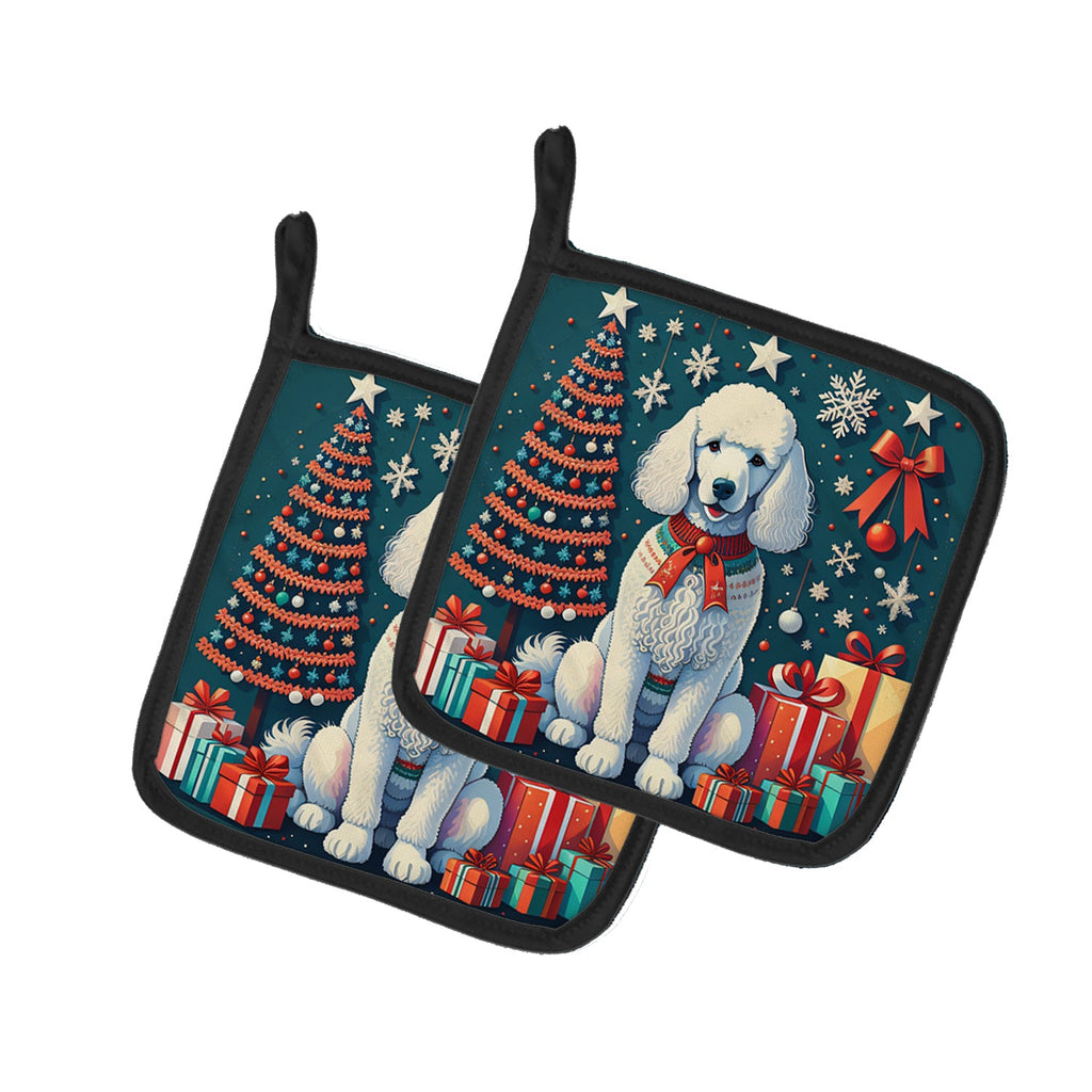 White Poodle Christmas Pot Holder Set of 2 Heat Resistant Quilted Hot Pads 7.5 x 7.5 Inch, Insulated Kitchen Trivets for Cooking & Baking