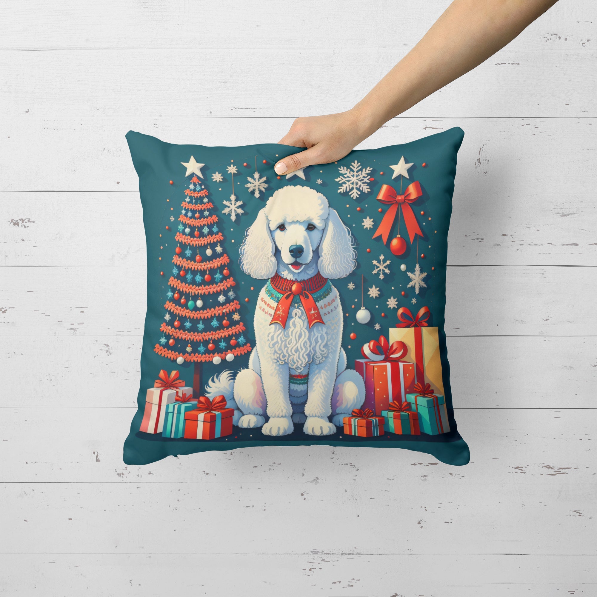 White Poodle Christmas Decorative Throw Pillow 14x14 Indoor Outdoor Accent Cushion, Fabric Cover with Insert for Sofa, Bed, Porch & Living Room