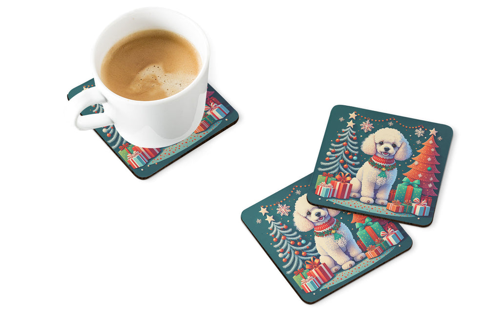 White Toy Poodle Christmas Foam Coasters Set of 4 Cup Coasters for Indoor Outdoor, Tabletop Protection, Anti Slip, Mouse pad Material