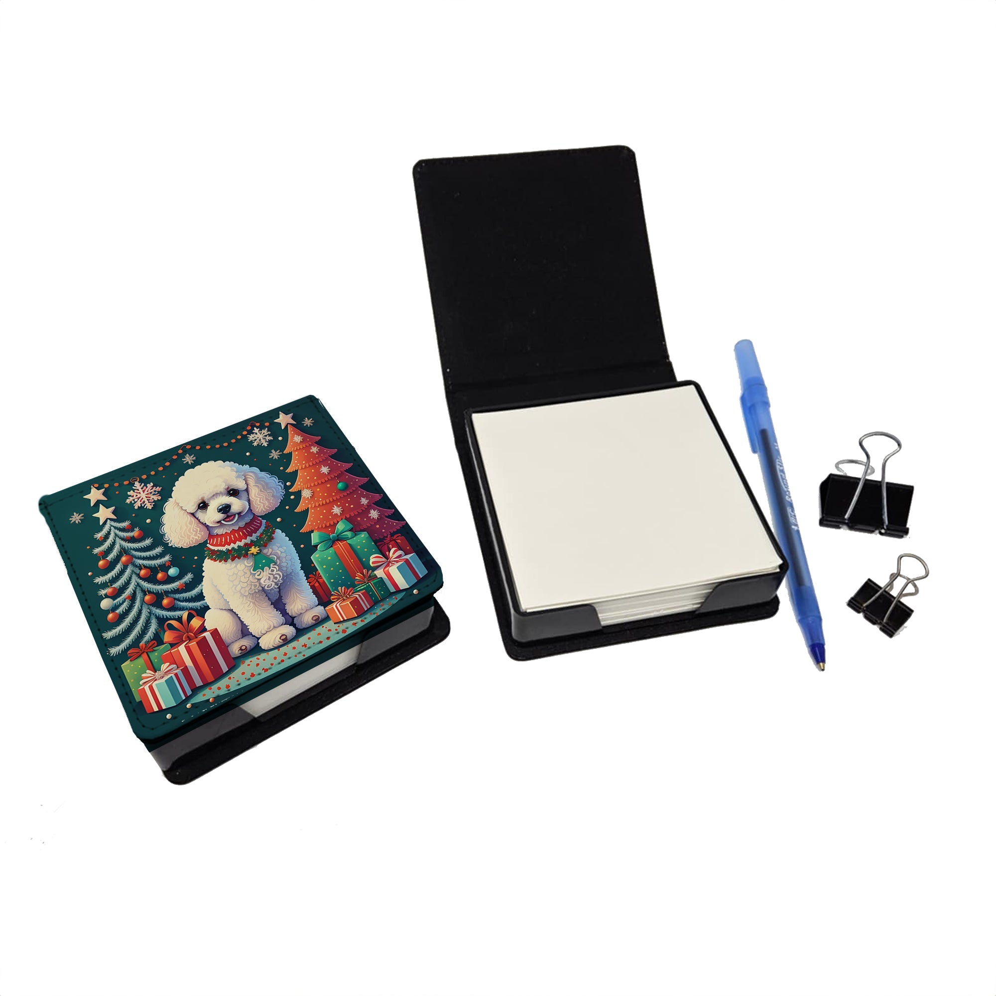 White Toy Poodle Christmas PU Leather Note Paper Holder with Artist-Designed Cover, Desk Accessory, Office Gift