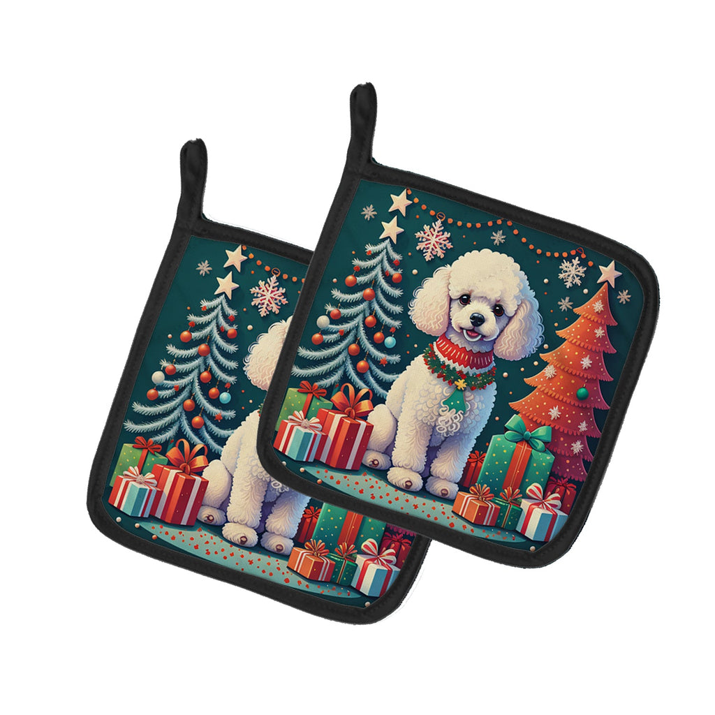 White Toy Poodle Christmas Pot Holder Set of 2 Heat Resistant Quilted Hot Pads 7.5 x 7.5 Inch, Insulated Kitchen Trivets for Cooking & Baking