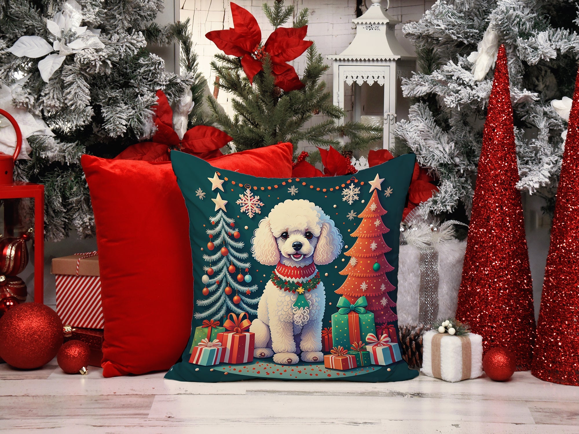 White Toy Poodle Christmas Decorative Throw Pillow 14x14 Indoor Outdoor Accent Cushion, Fabric Cover with Insert for Sofa, Bed, Porch & Living Room