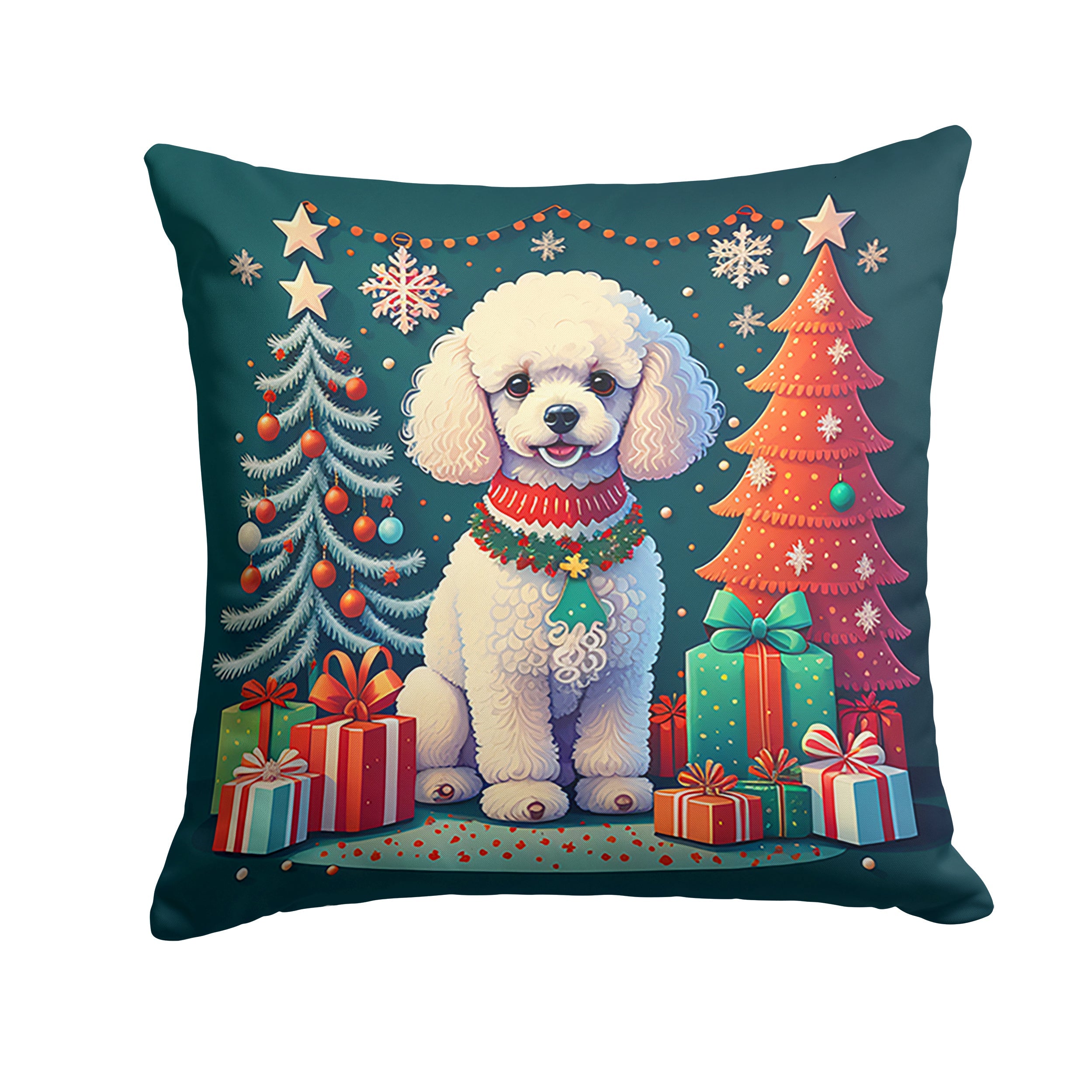 White Toy Poodle Christmas Decorative Throw Pillow 18x18 Indoor Outdoor Accent Cushion, Fabric Cover with Insert for Sofa, Bed, Porch & Living Room