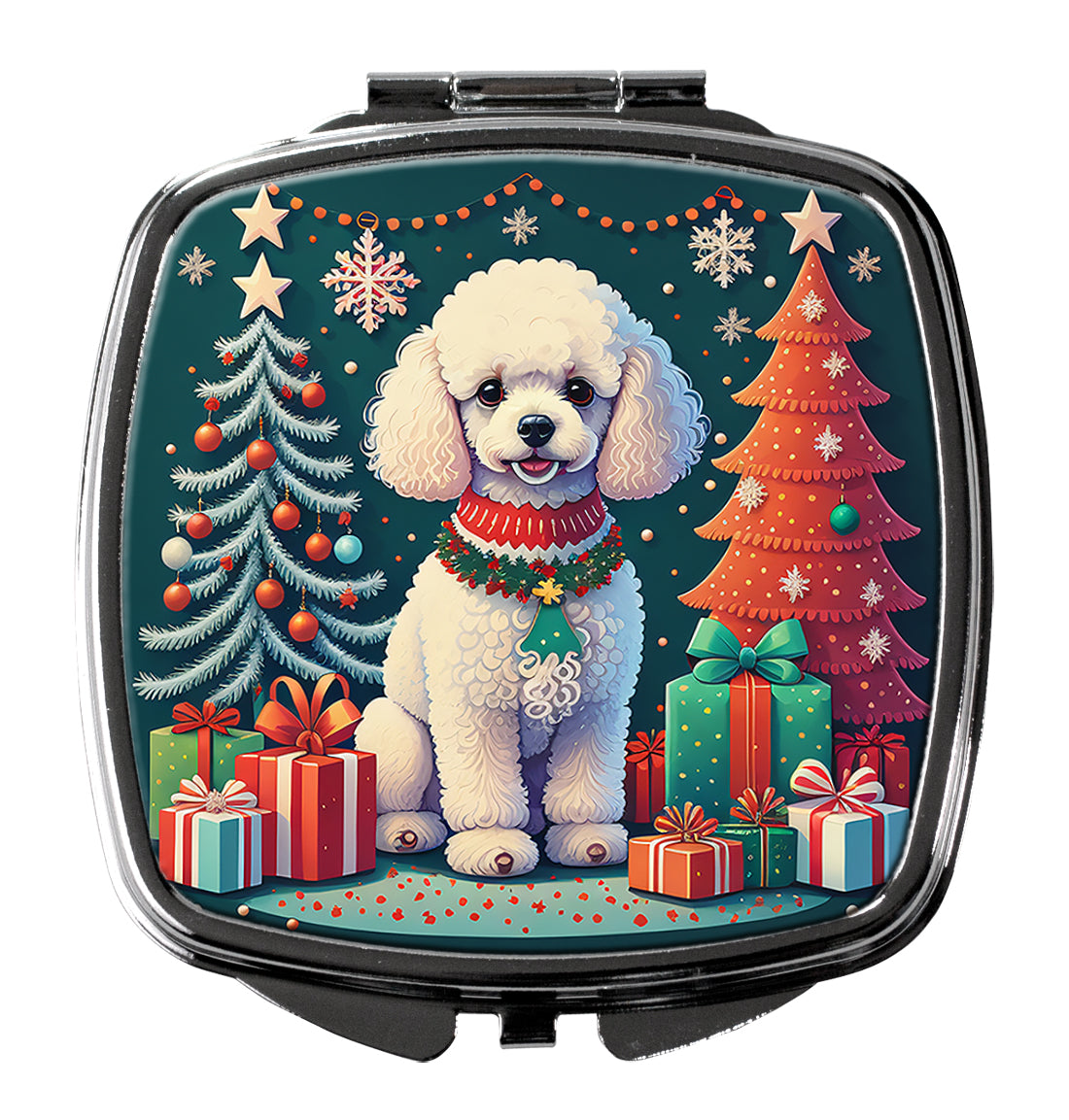 White Toy Poodle Christmas Compact Mirror Decorative Travel Makeup Mirror for Women Girls Gifts Pocket Makeup Mirror Folding Handheld