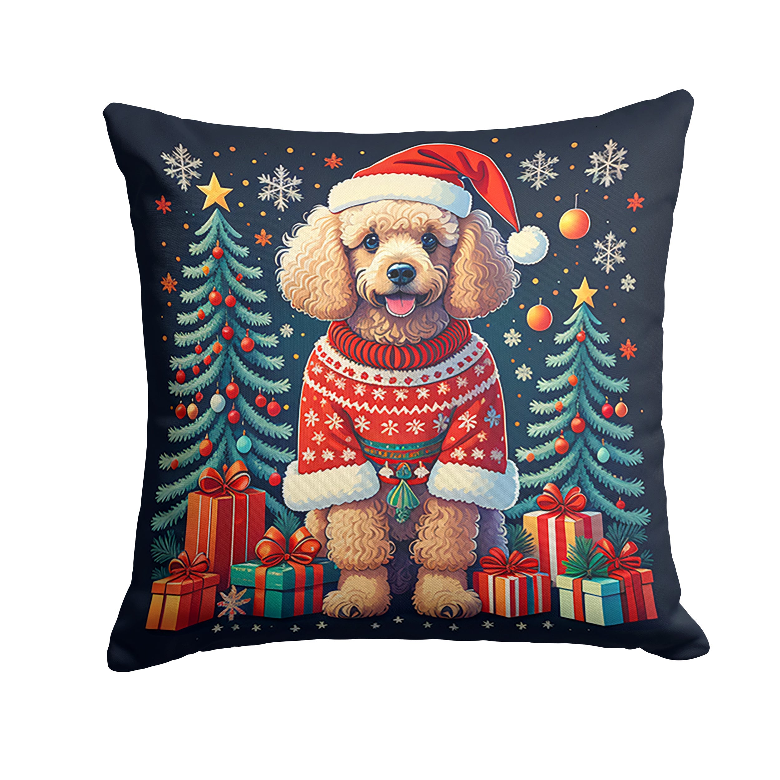Apricot Toy Poodle Christmas Decorative Throw Pillow 14x14 Indoor Outdoor Accent Cushion, Fabric Cover with Insert for Sofa, Bed, Porch & Living Room