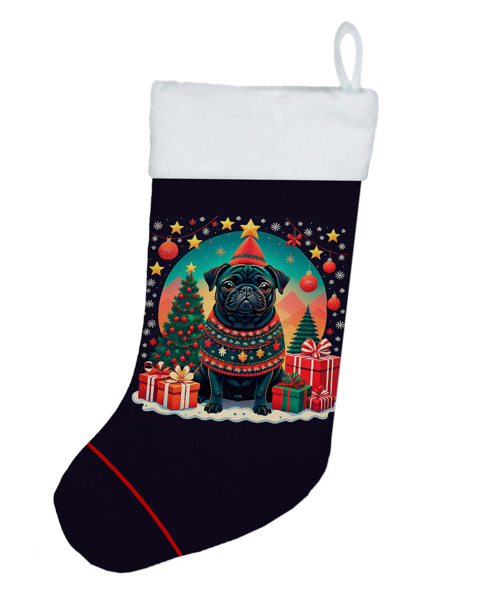 Black Pug Christmas Holiday Stocking Double-Sided Print, Polyester Suede,11x18, Made in USA