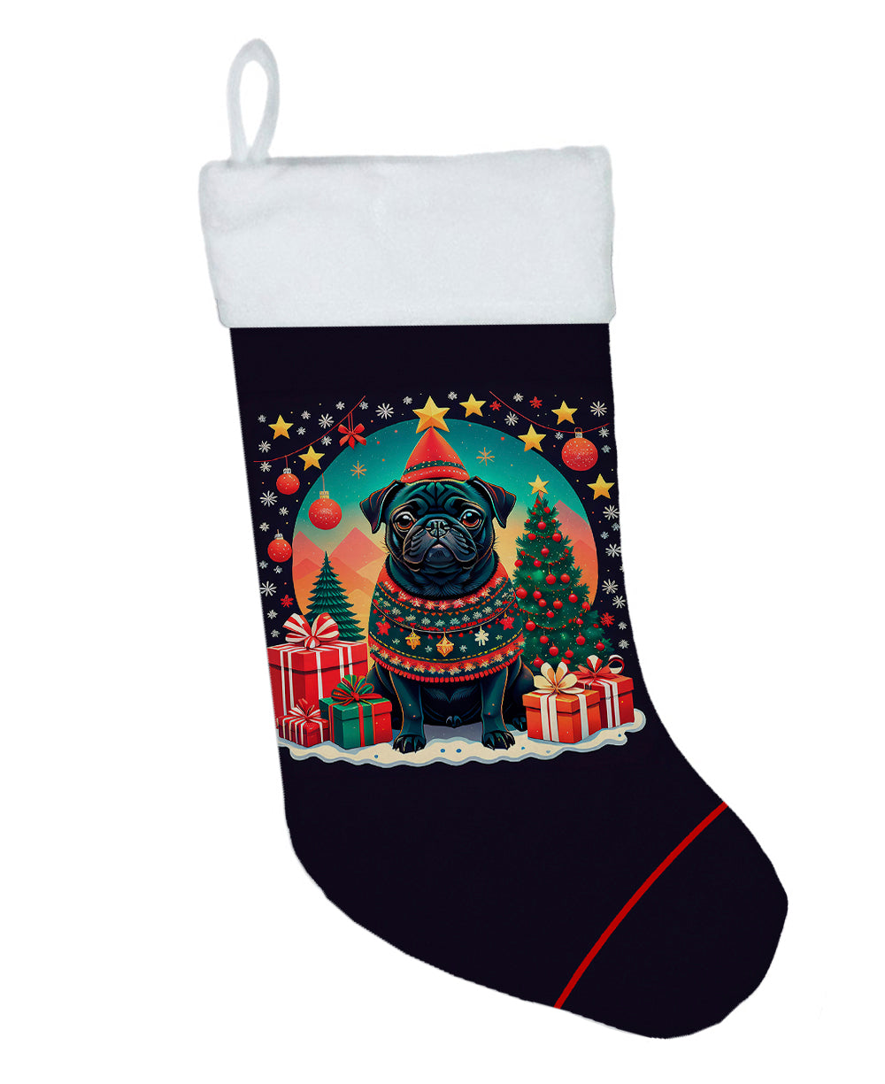 Black Pug Christmas Holiday Stocking Double-Sided Print, Polyester Suede,11x18, Made in USA