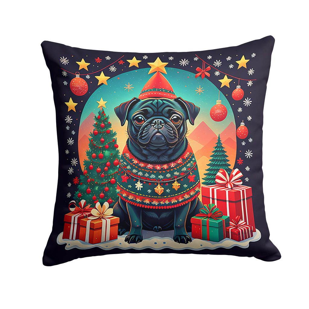 Black Pug Christmas Decorative Throw Pillow 14x14 Indoor Outdoor Accent Cushion, Fabric Cover with Insert for Sofa, Bed, Porch & Living Room