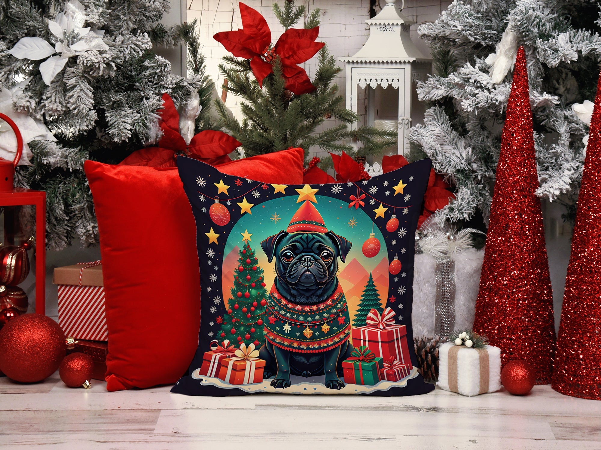 Black Pug Christmas Decorative Throw Pillow 14x14 Indoor Outdoor Accent Cushion, Fabric Cover with Insert for Sofa, Bed, Porch & Living Room