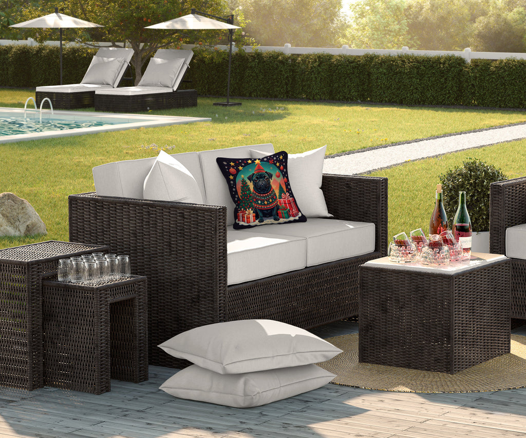 Black Pug Christmas Decorative Throw Pillow 18x18 Indoor Outdoor Accent Cushion, Fabric Cover with Insert for Sofa, Bed, Porch & Living Room