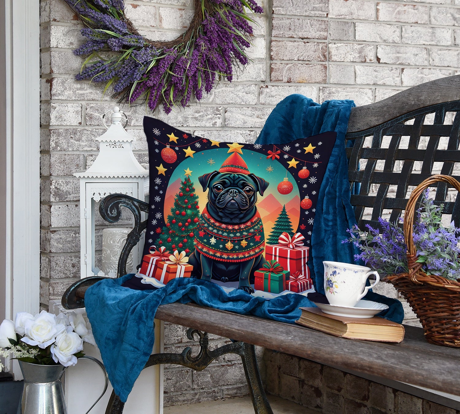 Black Pug Christmas Decorative Throw Pillow 18x18 Indoor Outdoor Accent Cushion, Fabric Cover with Insert for Sofa, Bed, Porch & Living Room