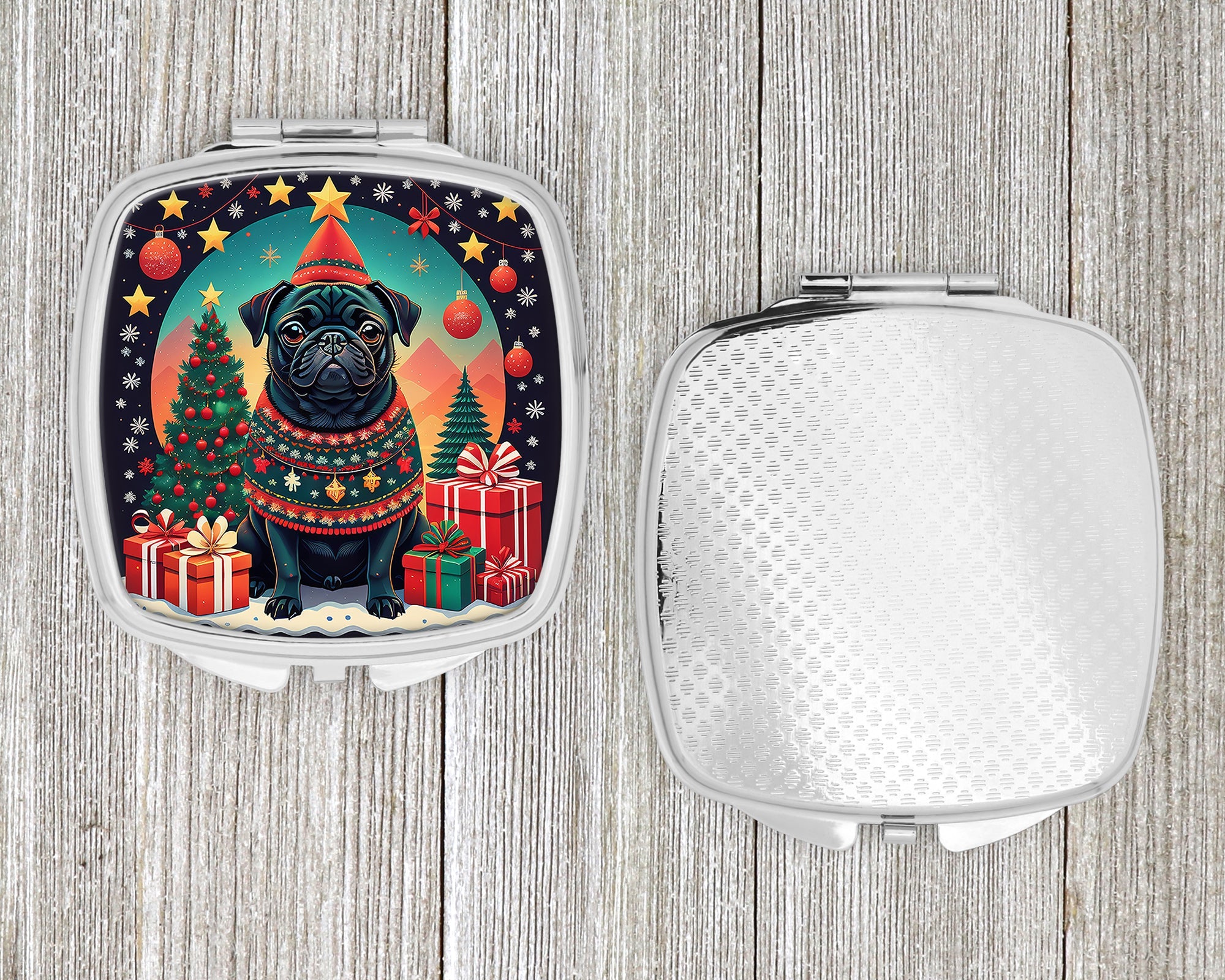 Black Pug Christmas Compact Mirror Decorative Travel Makeup Mirror for Women Girls Gifts Pocket Makeup Mirror Folding Handheld