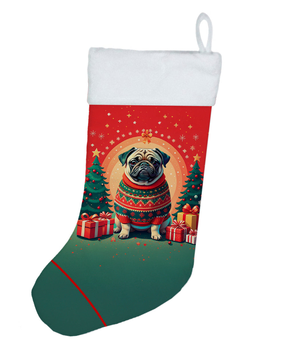 Fawn Pug Christmas Holiday Stocking Double-Sided Print, Polyester Suede,11x18, Made in USA
