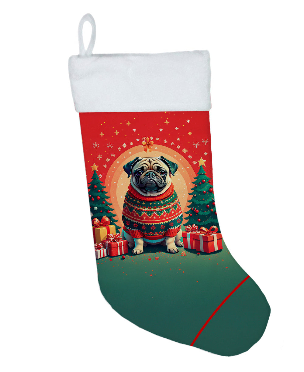 Fawn Pug Christmas Holiday Stocking Double-Sided Print, Polyester Suede,11x18, Made in USA