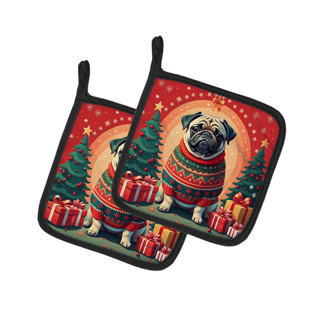 Fawn Pug Christmas Pot Holder Set of 2 Heat Resistant Quilted Hot Pads 7.5 x 7.5 Inch, Insulated Kitchen Trivets for Cooking & Baking