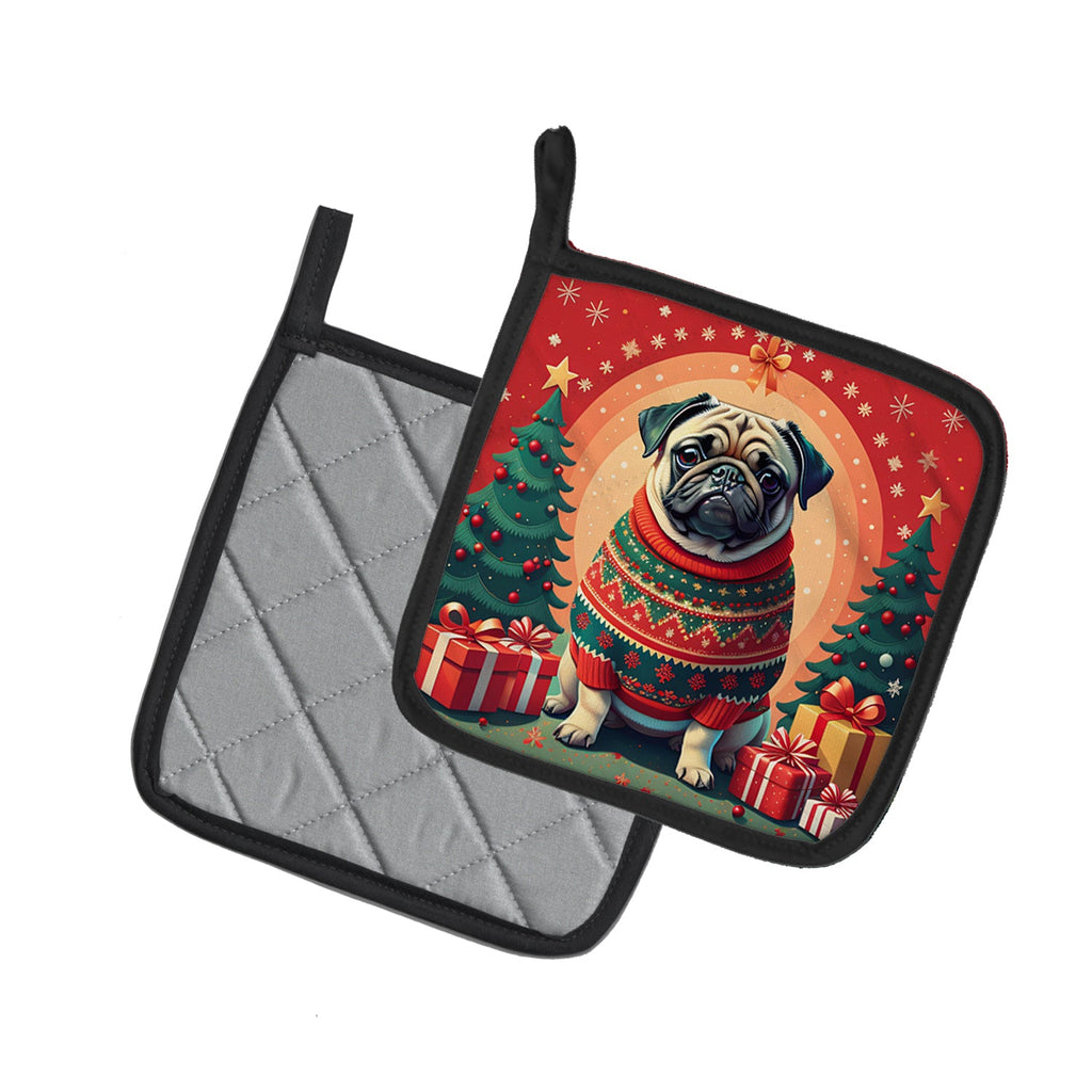 Fawn Pug Christmas Pot Holder Set of 2 Heat Resistant Quilted Hot Pads 7.5 x 7.5 Inch, Insulated Kitchen Trivets for Cooking & Baking