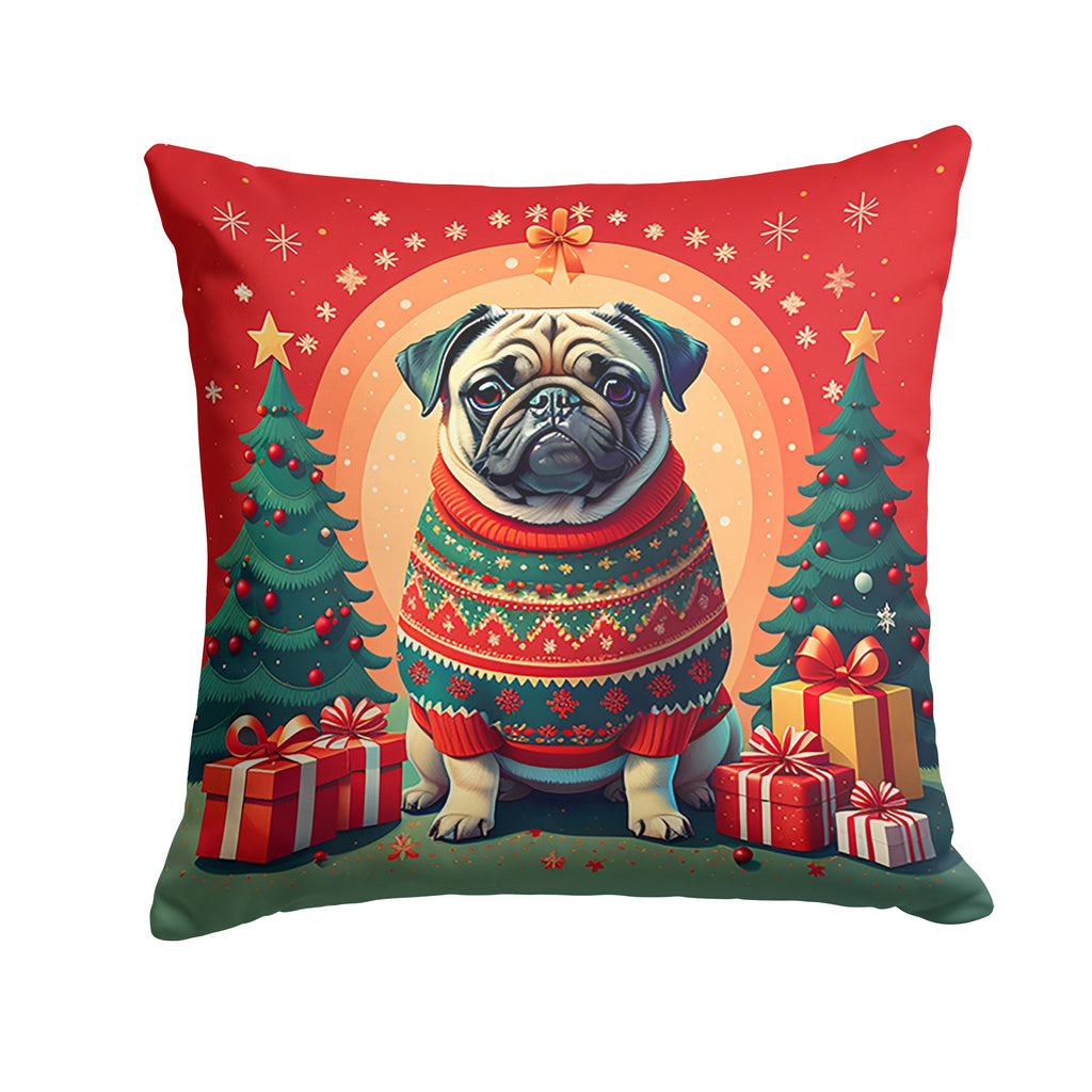 Fawn Pug Christmas Decorative Throw Pillow 14x14 Indoor Outdoor Accent Cushion, Fabric Cover with Insert for Sofa, Bed, Porch & Living Room
