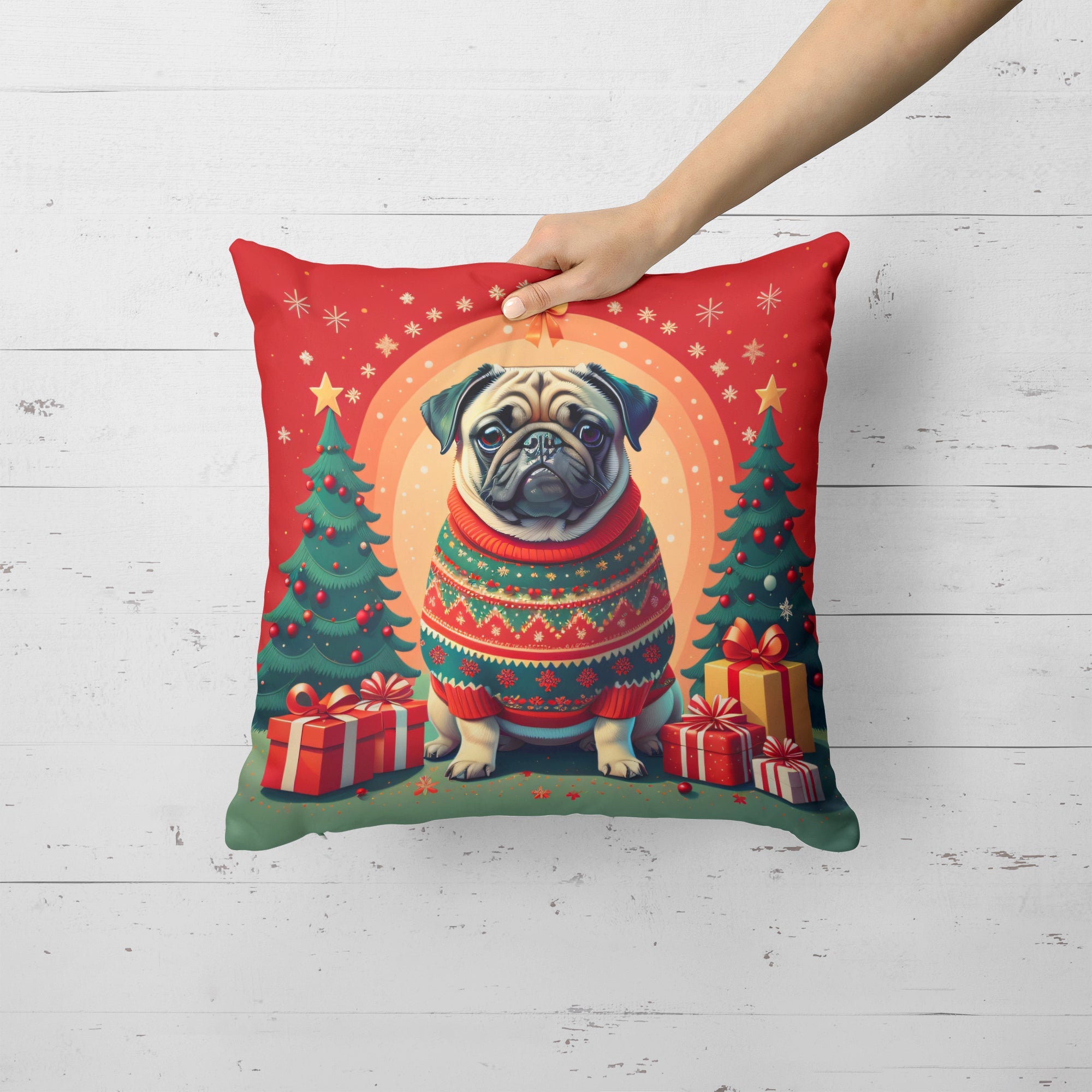Fawn Pug Christmas Decorative Throw Pillow 14x14 Indoor Outdoor Accent Cushion, Fabric Cover with Insert for Sofa, Bed, Porch & Living Room