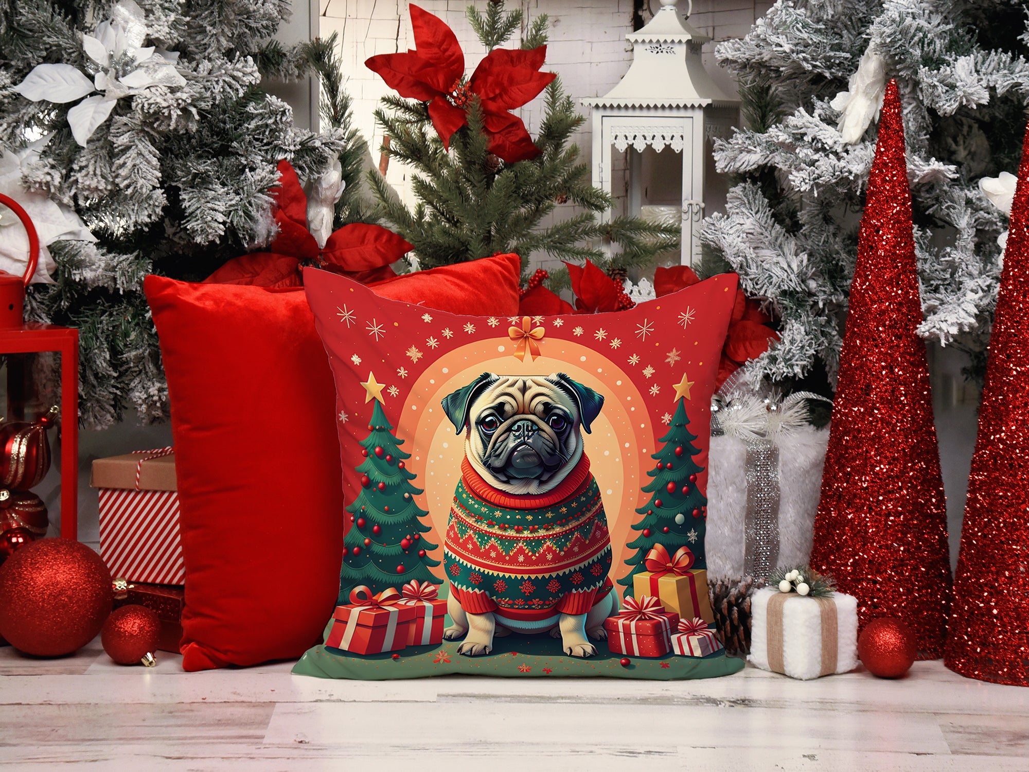 Fawn Pug Christmas Decorative Throw Pillow 18x18 Indoor Outdoor Accent Cushion, Fabric Cover with Insert for Sofa, Bed, Porch & Living Room