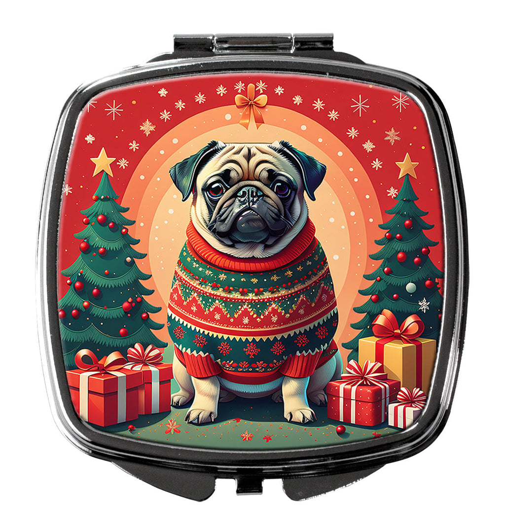 Fawn Pug Christmas Compact Mirror Decorative Travel Makeup Mirror for Women Girls Gifts Pocket Makeup Mirror Folding Handheld