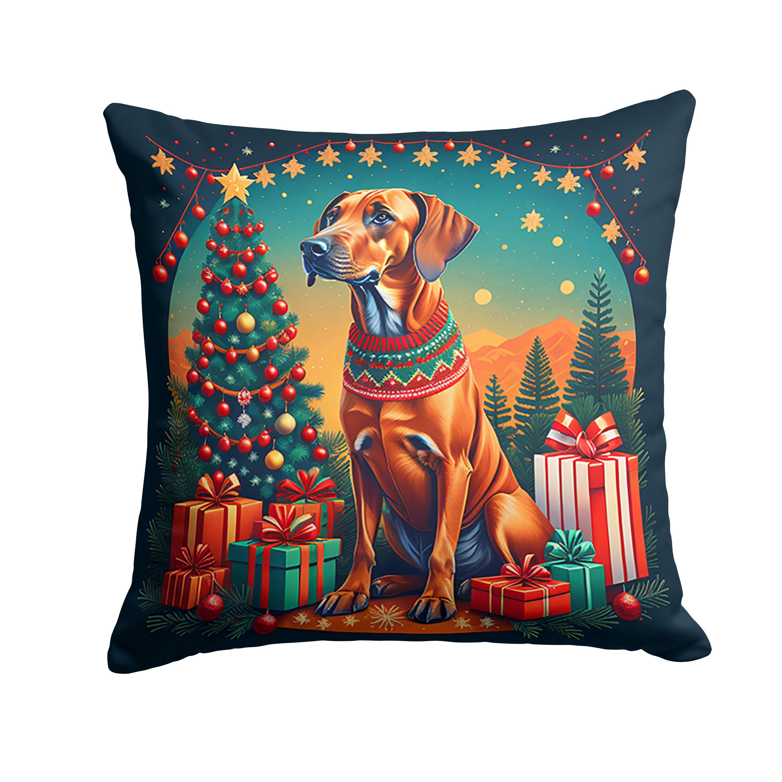 Rhodesian Ridgeback Christmas Decorative Throw Pillow 14x14 Indoor Outdoor Accent Cushion, Fabric Cover with Insert for Sofa, Bed, Porch & Living Room